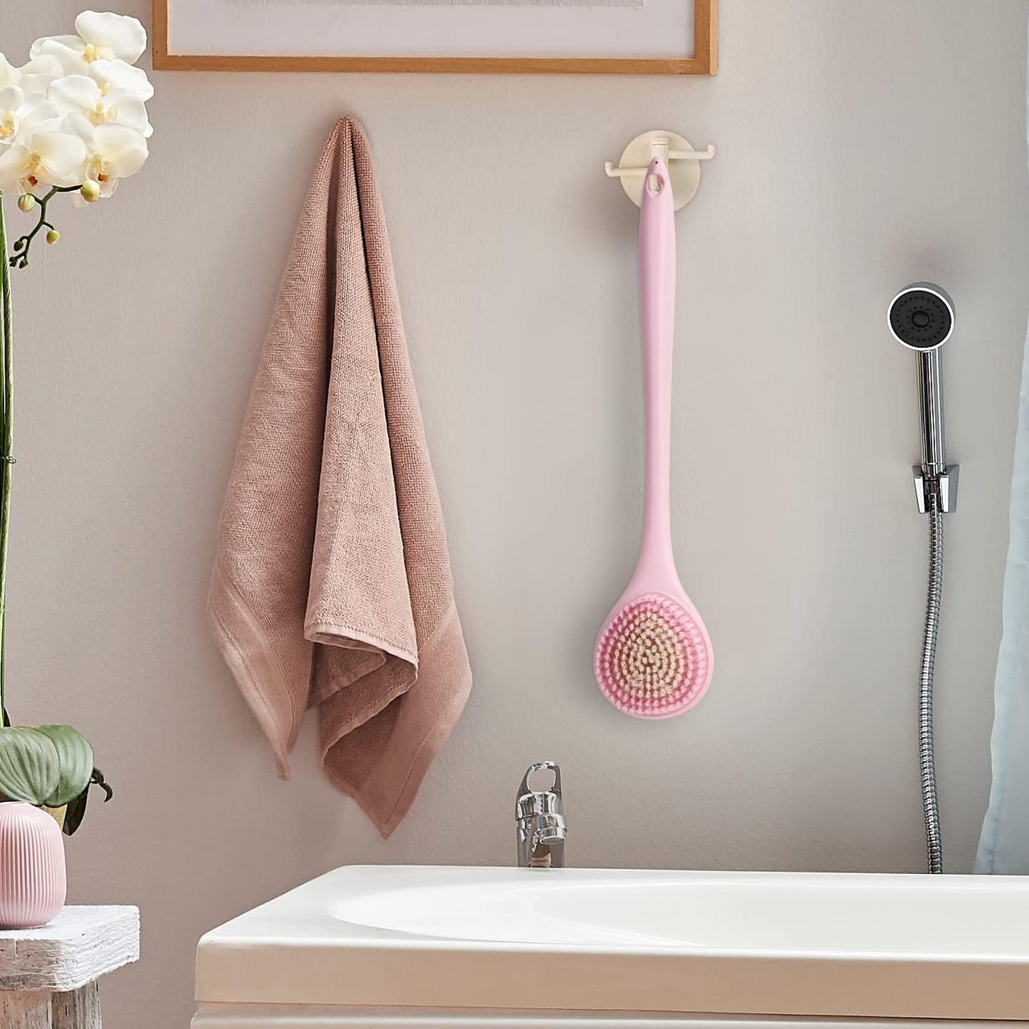 BEDELITE Back Scrubber for Shower, Soft Bath Brush Long Handle for Men & Women(16.4 Inches), Anti Slip Body Scrubber Exfoliator for Cleaning(Pink)