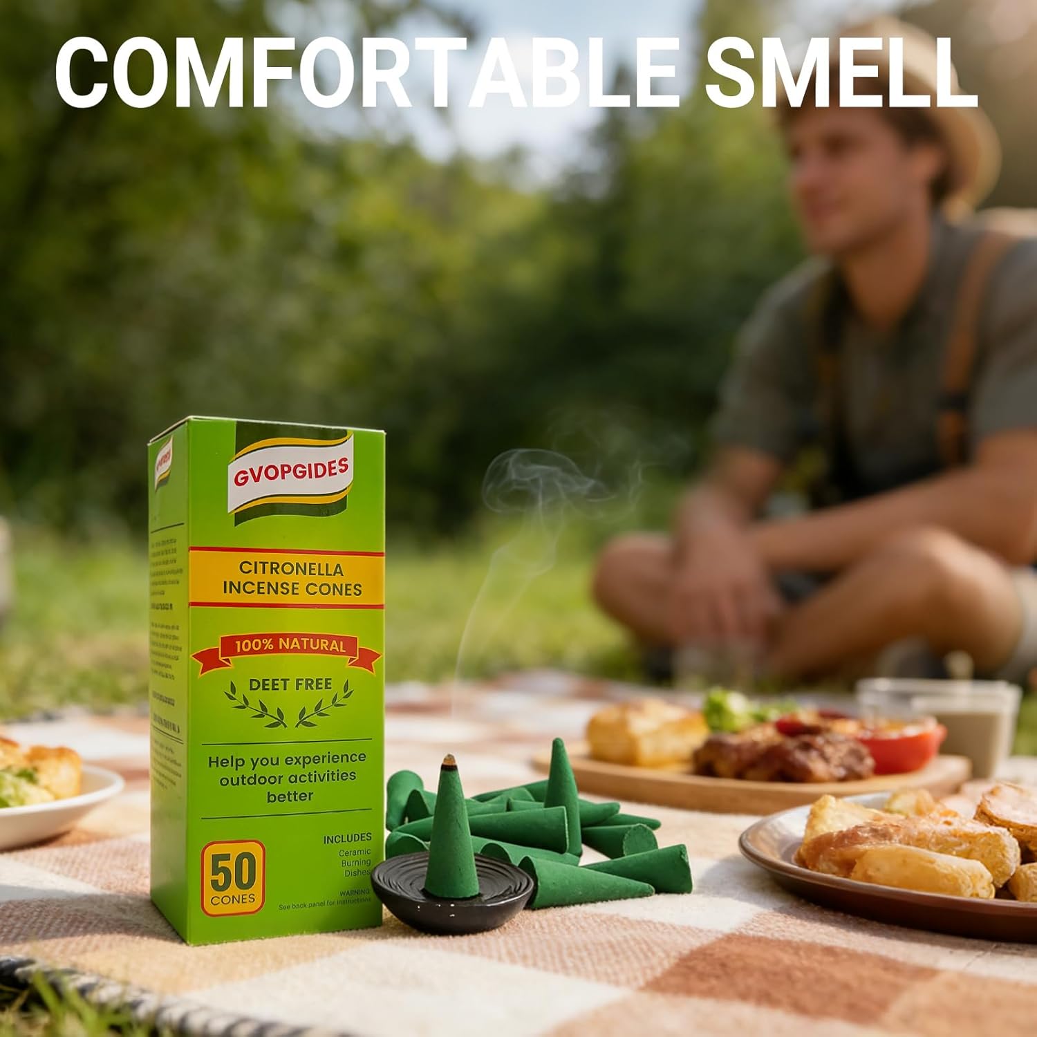 Citronella Incense Cones (50 Cones) Made with Plant Based Ingredients/Citronella Oil/Lemongrass/Rosemary Oil/Includes Ceramic Dishes
