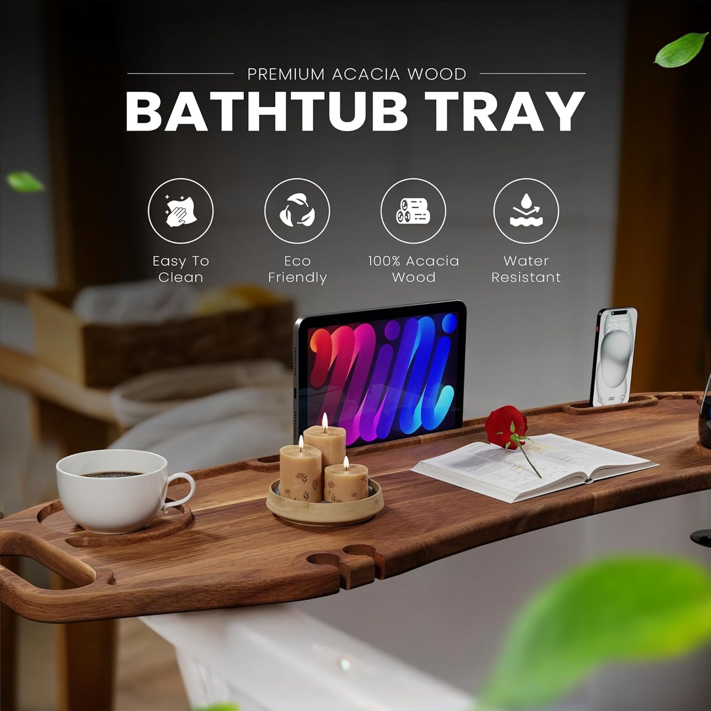 Premium Bathtub Tray Large 35x10 Inch, Acacia Wood Luxury, Waterproof, Non-Toxic, Adjustable Legs, No Tools Required,Caddy Tray,New Home Essenials Make sure to measure before 35 Inch Long
