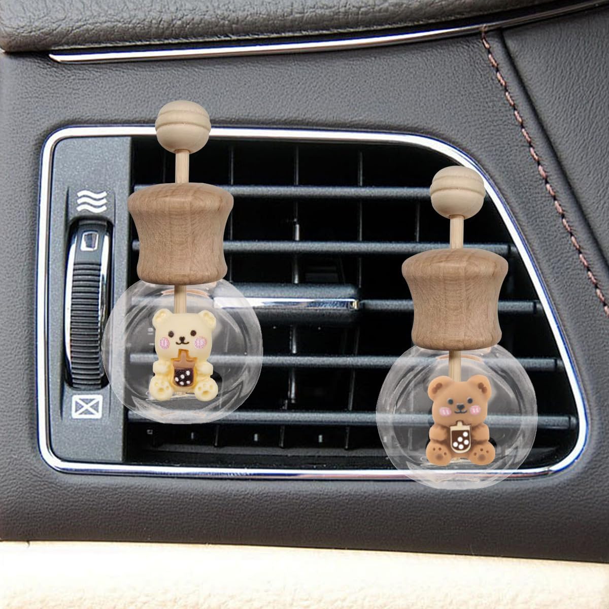 2PCS Car Diffuser Bottle with Vent Clip, Refillable Empty Glass Bottles for Essential Oil, Cute Bear Car Air Outlet Trim Clips, Auto Interior Decoration Accessory for Cars Bedroom Office (Bear)