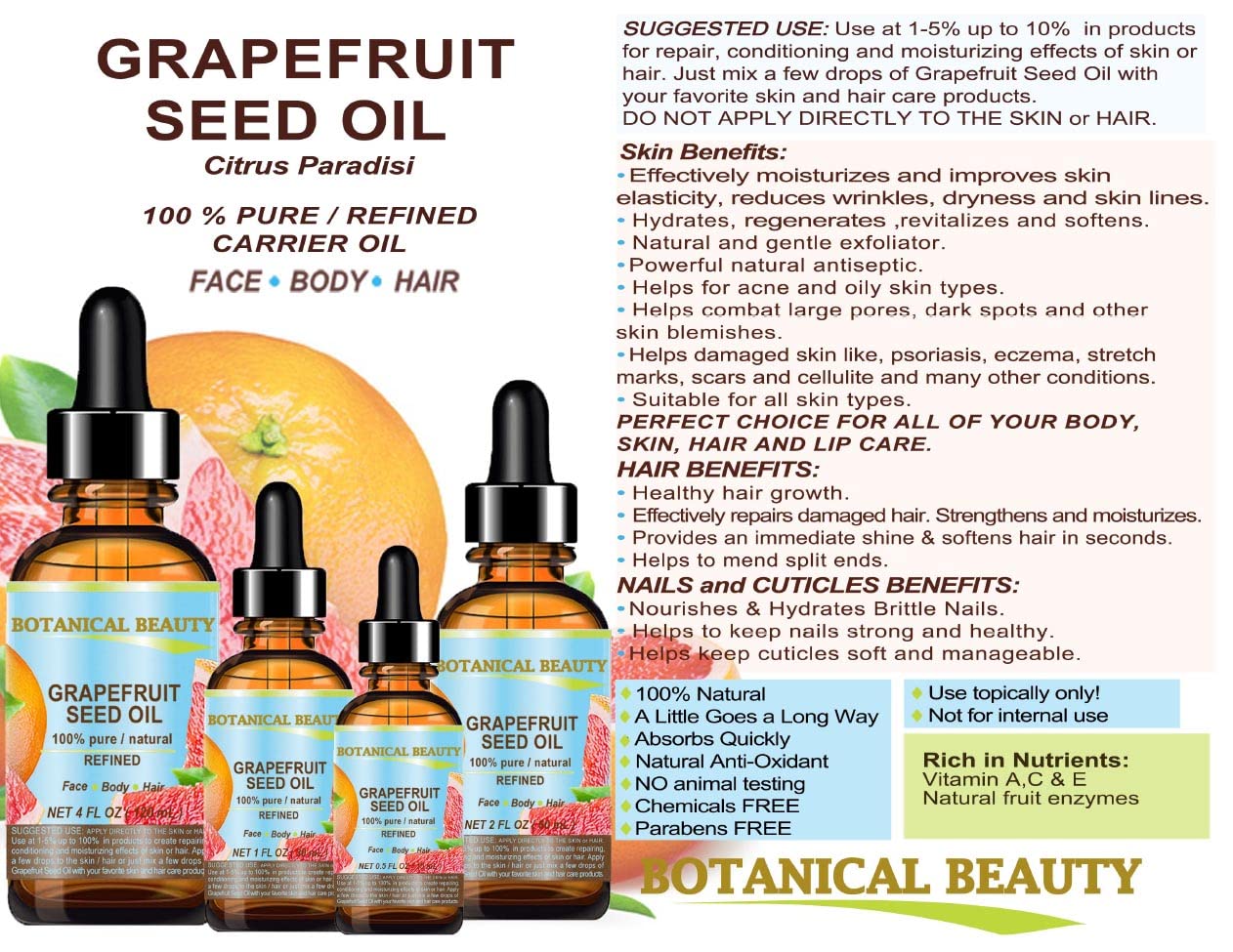 GRAPEFRUIT SEED OIL. 100% Pure / Natural / Undiluted /Refined COLD PRESSED CARRIER OIL (Not Essential Oil). 0.5 Fl.oz.- 15 ml. For Skin, Hair and Lip Care. "One of the richest natural sources of