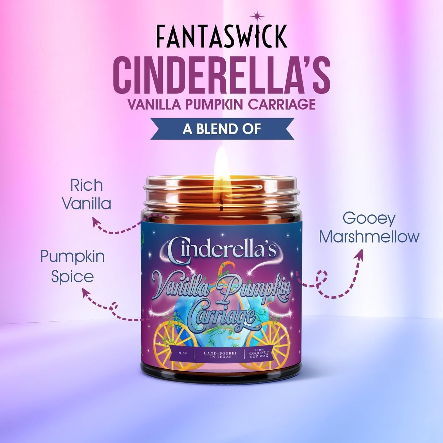 Fantaswick's Cinderella's Vanilla Pumpkin Carriage Scented Candle | 100% Natural Coconut Soy Wax & Cotton Wick in Amber Candle Jar | Hand-Poured in Texas | 9oz