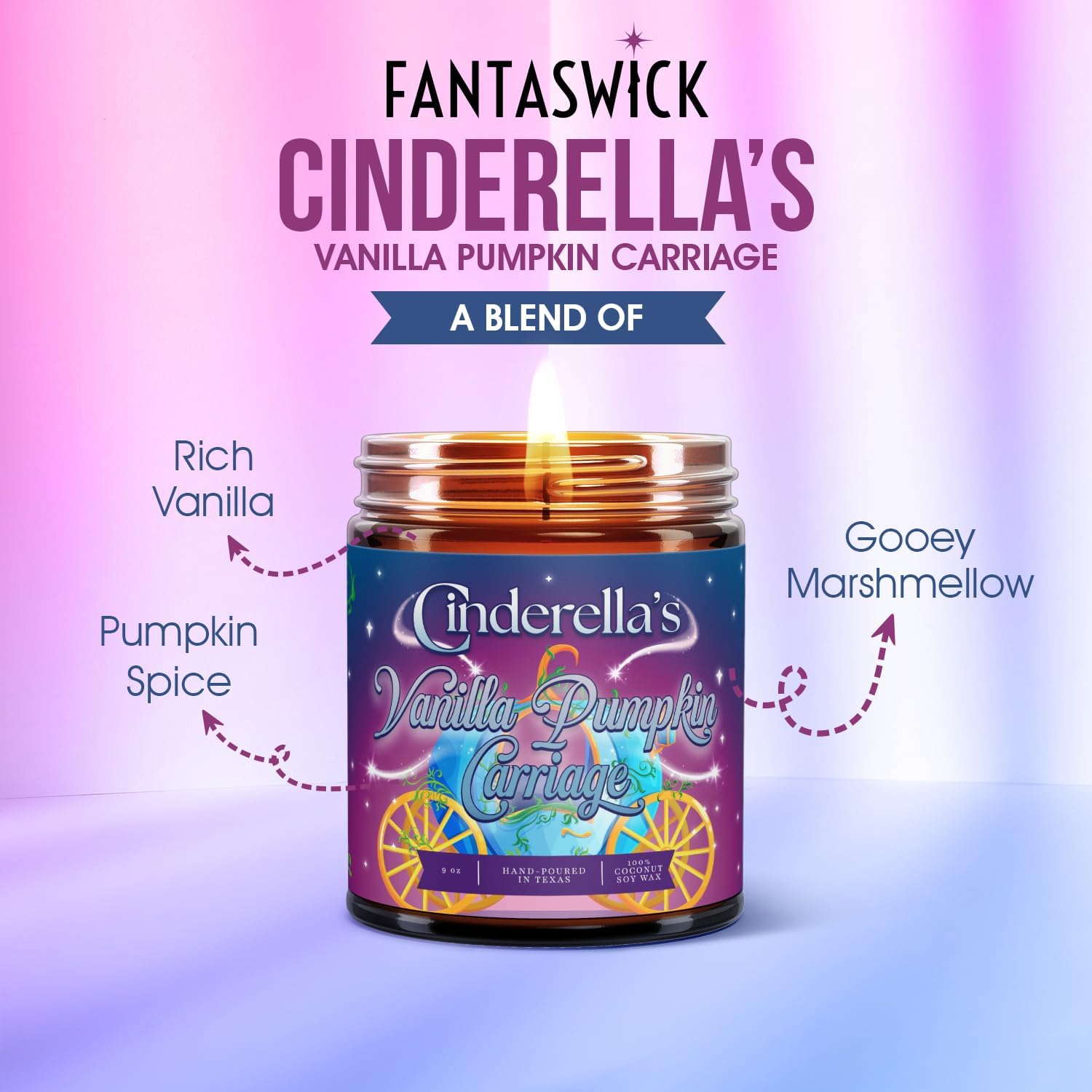Fantaswick's Cinderella's Vanilla Pumpkin Carriage Scented Candle | 100% Natural Coconut Soy Wax & Cotton Wick in Amber Candle Jar | Hand-Poured in Texas | 9oz