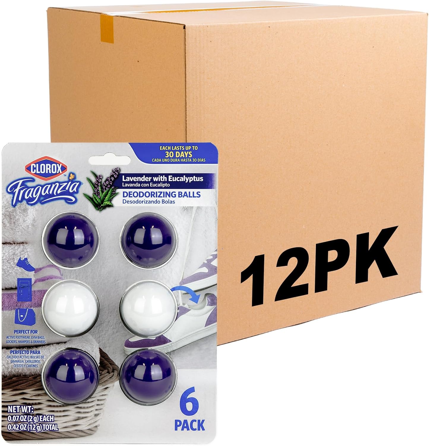 Clorox Fraganzia Deodorizing Balls with Lavender and Eucalyptus Scent, Shoe and Bag Odor Eliminator Balls for Shoes Lockers and Gym Bags with Long Lasting Freshness, 6 Count - 12 Pack
