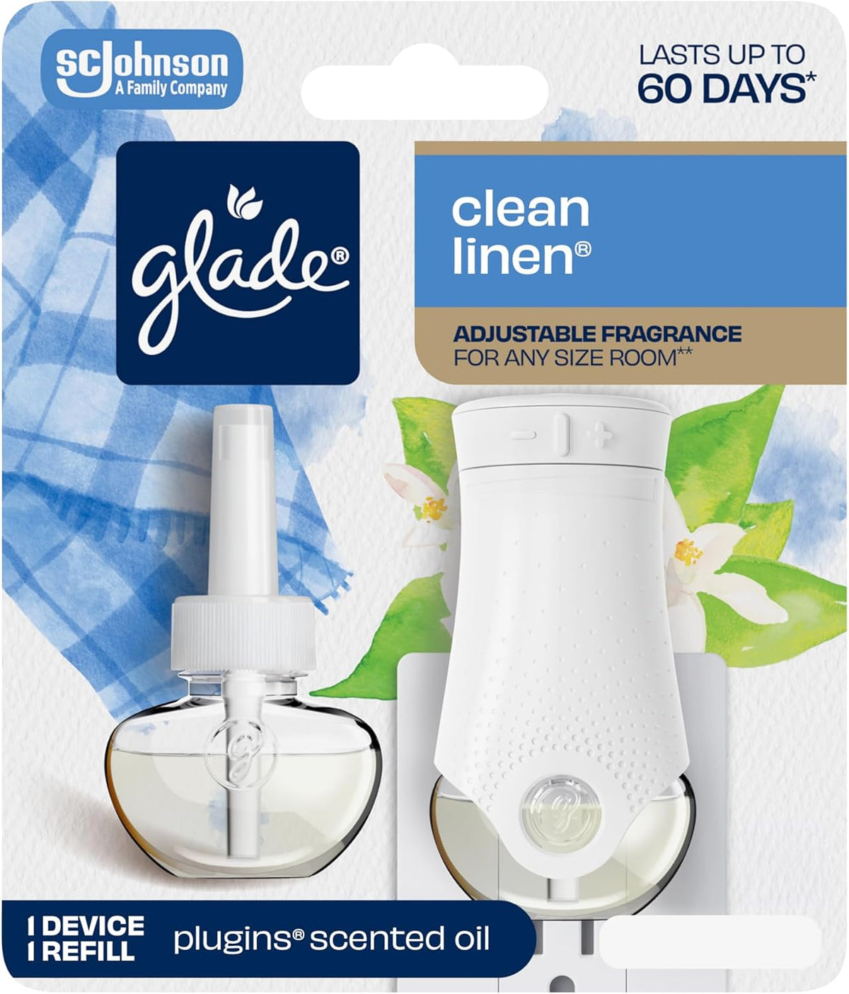 Glade PlugIns Refills Air Freshener Starter Kit, Clean Linen, Scented and Essential Oils for Home and Bathroom, 0.67 Fl Oz, 1 Warmer + 1 Refill