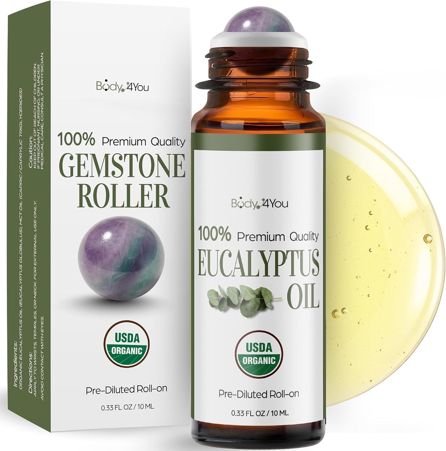 Eucalyptus Essential Oil Roll On for Sinus Congestion Headache - 100% Pure USDA Organic MCT Coconut Oil - Cooling Breathwork Chest Aromatherapy Mental Clarity Focus - Gemstone Roller 10ml Travel Size