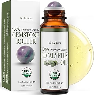 Eucalyptus Essential Oil Roll On for Sinus Congestion Headache - 100% Pure USDA Organic MCT Coconut Oil - Cooling Breathwork Chest Aromatherapy Mental Clarity Focus - Gemstone Roller 10ml Travel Size