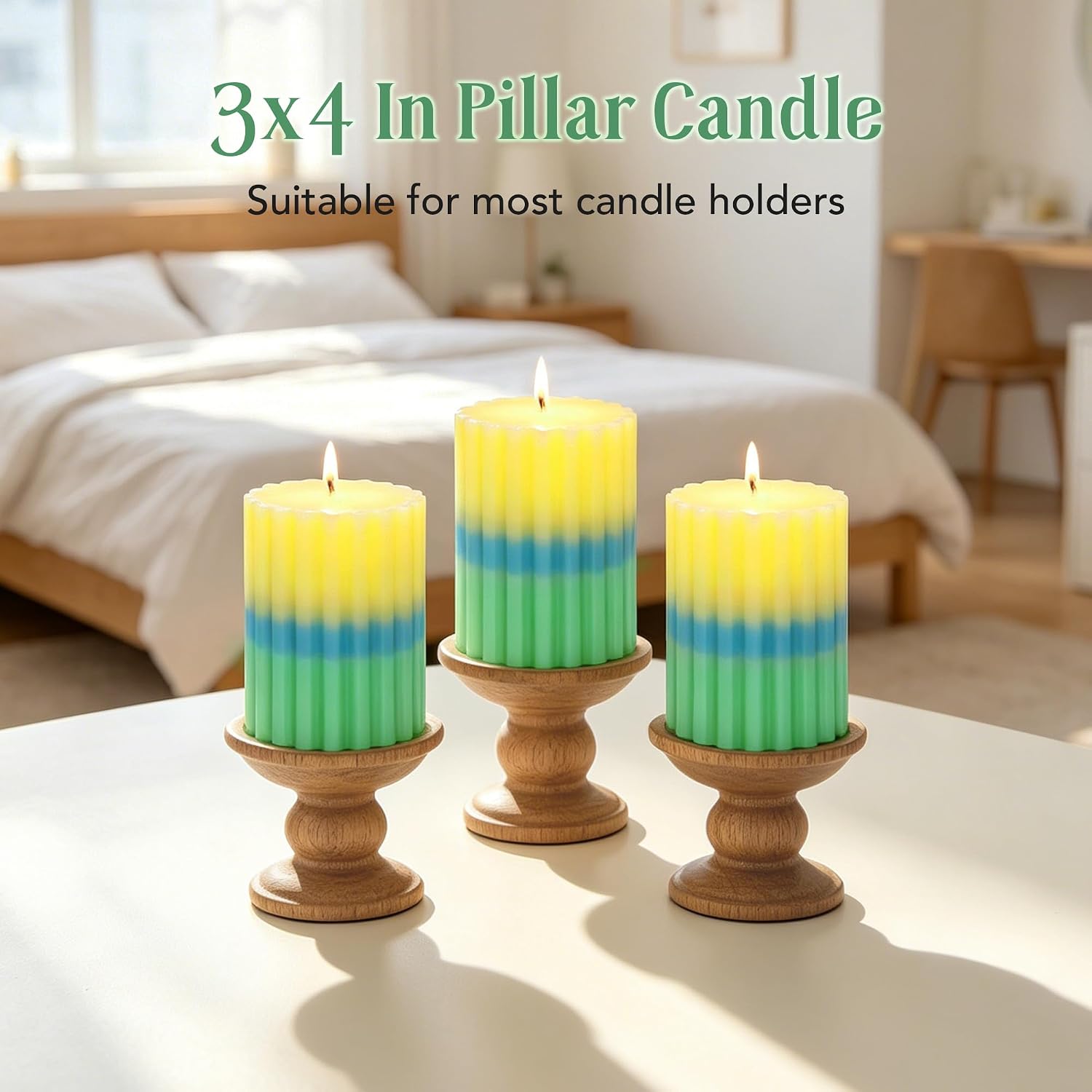Lemon Verbena Scented Candles, Yellow Blue Green Ombre Ribbed Pillar Candles, 3"x4" Set of 3, Cotton Core Paraffin Wax, 50H+ Long Burning Time|1PC Aromatherapy Candle, Home Bathroom Living Room Decor