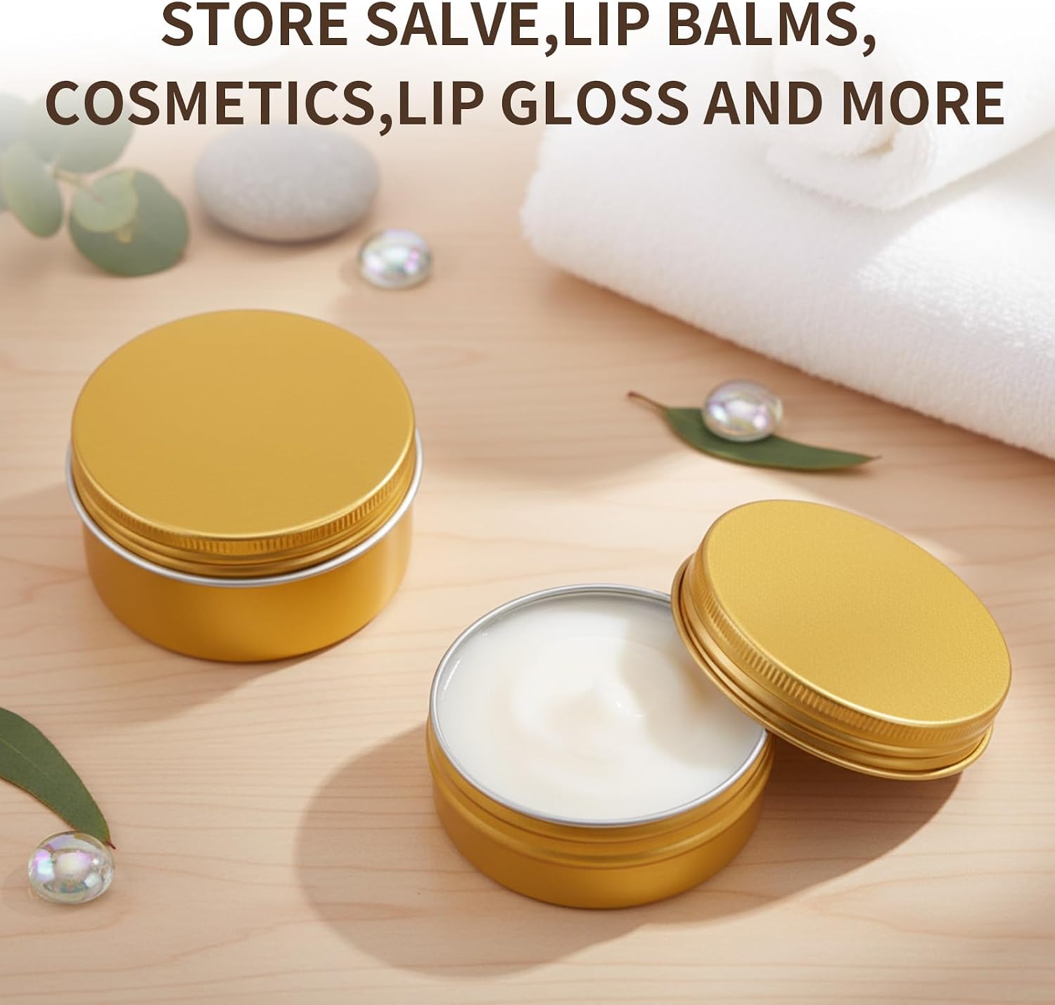 Patelai 2 oz Gold Metal Round Tins Aluminum Tin Cans Salve Tins Containers with Screw Lid 10 Sheets Stickers for Salve Spice Candies Balms Candles, 36 Pack (Classic Style)