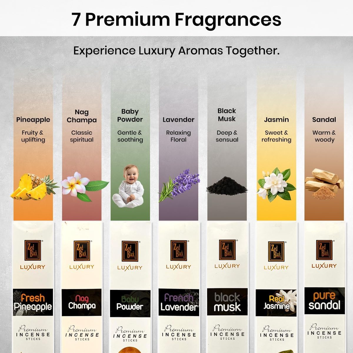 Incense Sticks Variety Pack 7 Luxury Fragrances - Nag Champa, French Lavender, Jasmine, Sandalwood, Pineapple, Black Musk, Baby Powder Incense for Meditation, Yoga & Home Aroma, Krishnascents