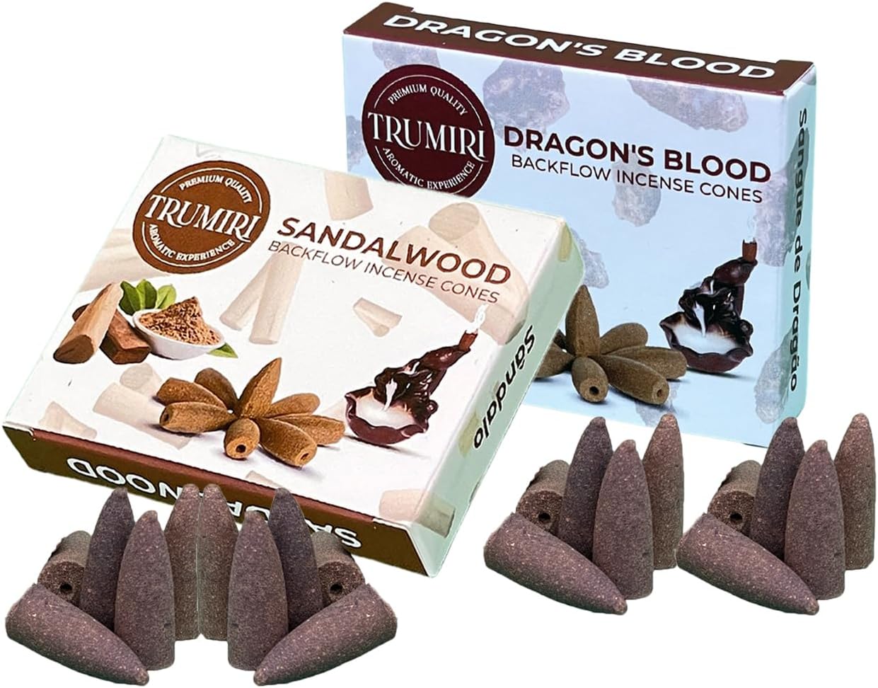 TRUMIRI Backflow Incense Cones - Combo Pack of 20 Waterfall Cones (10 Dragons Blood + 10 Sandalwood)