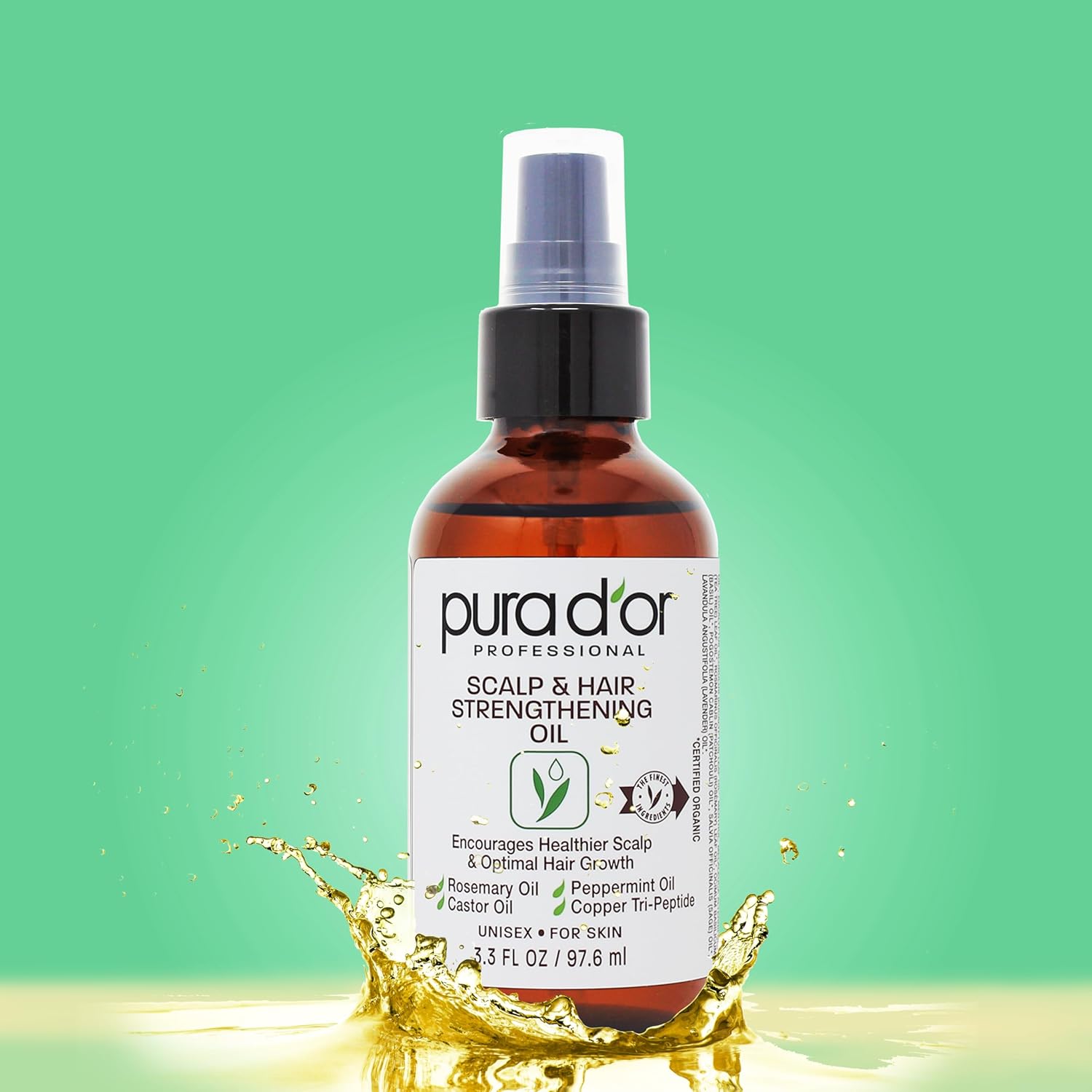 PURA D'OR Scalp & Hair Strengthening Oil (3.3 Oz) Supports Optimal Growth, Reduce Breakage, Nourish Roots for Healthier, Fuller, Thicker Hair - Rosemary, Castor & Peppermint Oil: Ayurvedic Hair Care