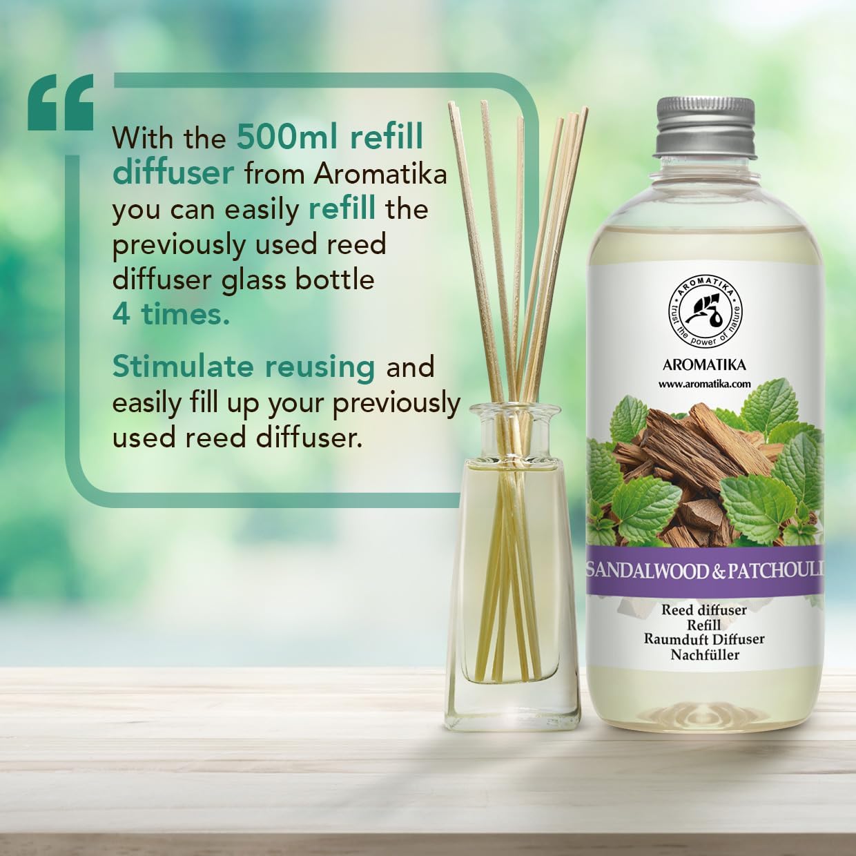 Reed Diffuser Refill Sandalwood - Patchouli 17 Fl Oz - Scented Diffuser Refill with Patchouli Essential Oil - Home Fragrance - Sandal Aroma - Air Freshener - Aromatherapy - Spa - Home - Office