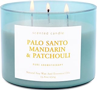 Palo Santo Mandarin Patchouli 3-Wick Soy Candle | 15.8 oz Calming Aromatherapy Candle for Home | Clean Burn Long Lasting | Warm Wood Citrus Scent | Stress Relief Candle Gift for Women & Men