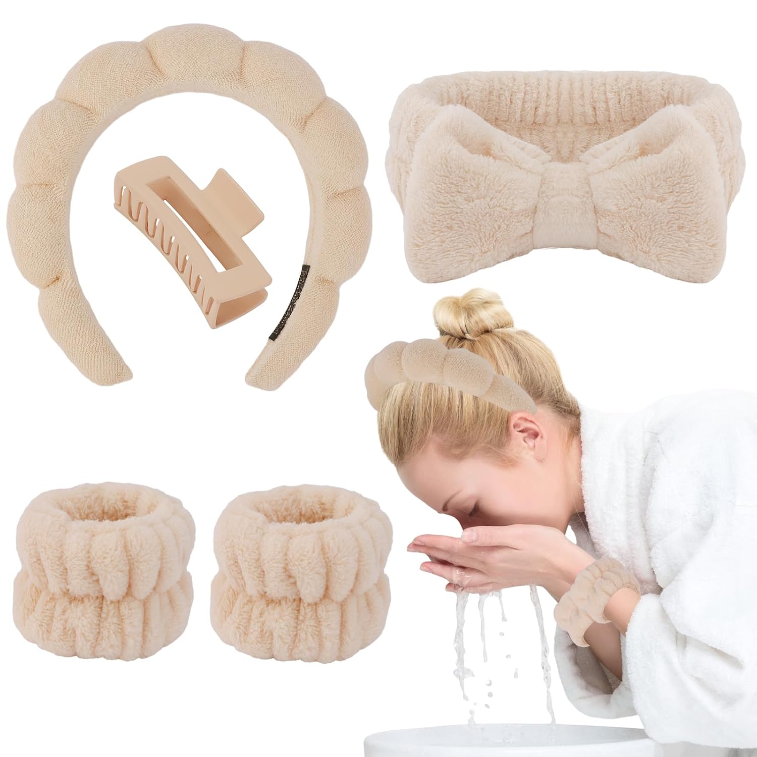 Canitor Spa Headband Wristband Set with Hair Clips Skincare Headbands for Washing Face Skin Care Puffy Makeup Headband Wrist Bands Preppy Teen Girl Gifts Cute Trendy Stuff Hair Accessories for Women