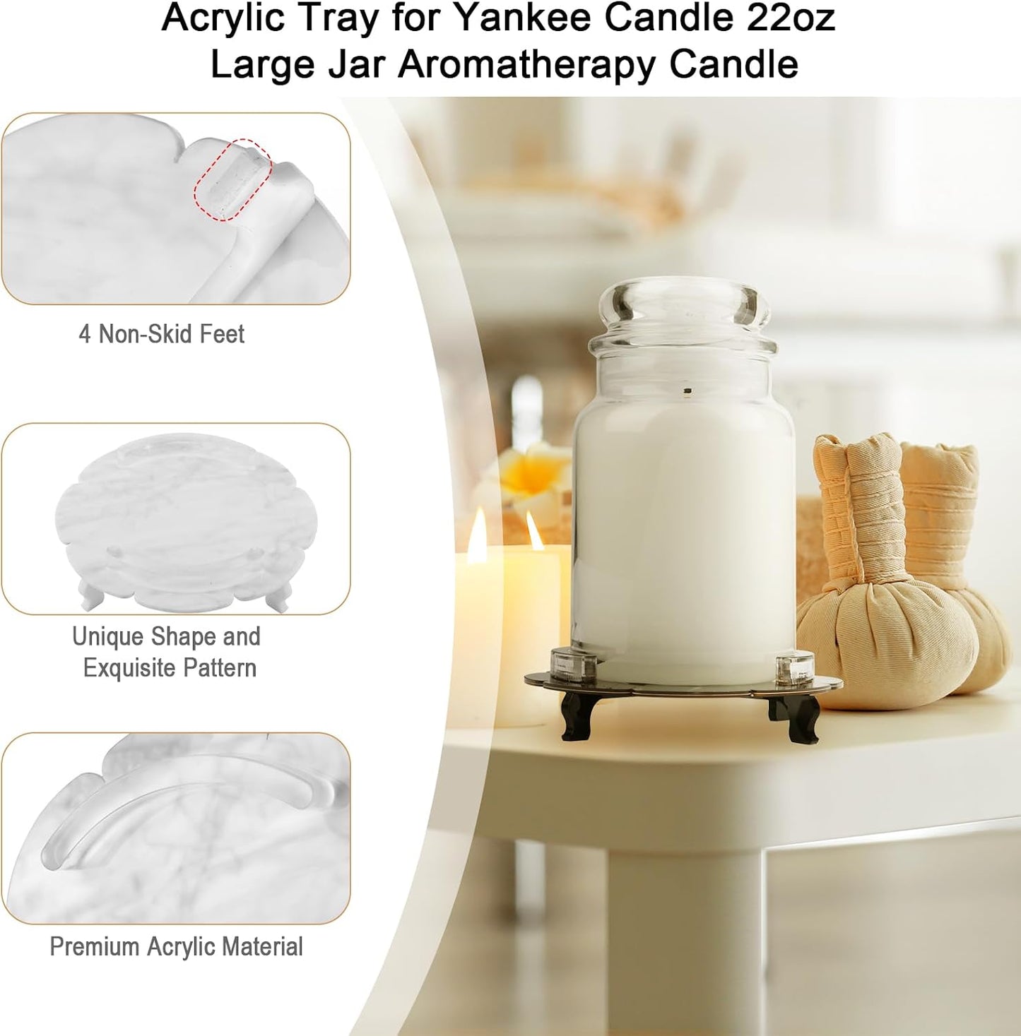 Beautyflier Scented Holder Tray, Pedestal Stand for Yankee Classic 22oz Large Jar Single Wick Candle, Decorative Marble Pattern Acrylic Plate, Holder ONLY (Black)