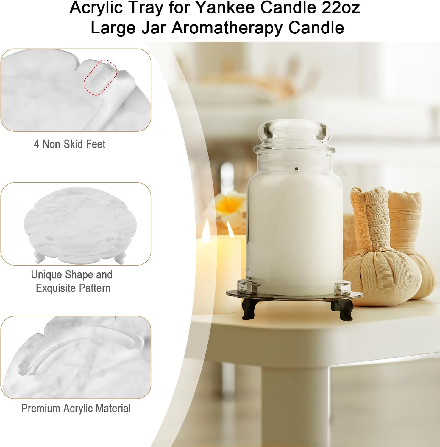 Beautyflier Scented Holder Tray, Pedestal Stand for Yankee Classic 22oz Large Jar Single Wick Candle, Decorative Marble Pattern Acrylic Plate, Holder ONLY (Black)