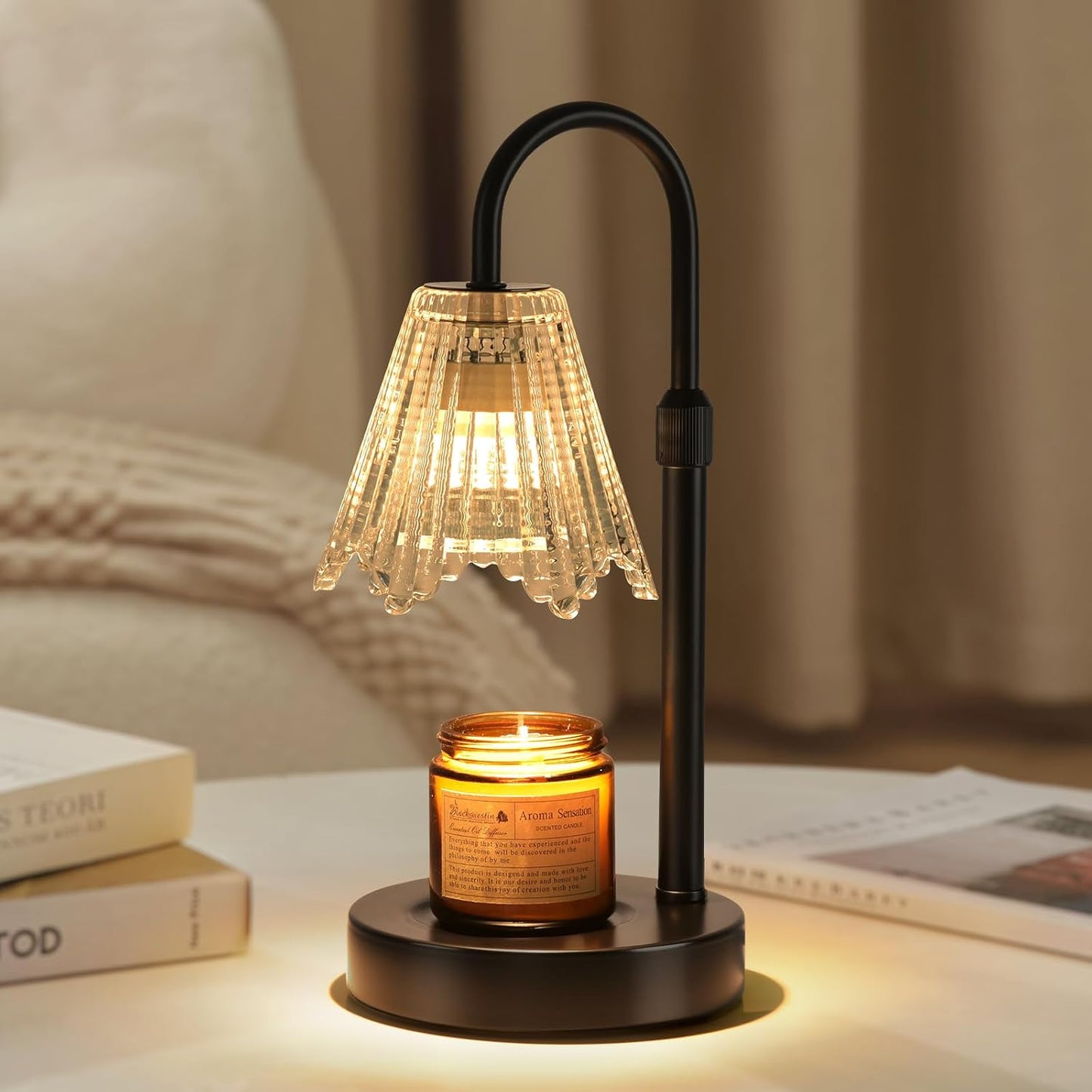 Candle Warmer Lamp, Black Metal, Crystal Glass Shade, Electric Candle Melter with Adjustable Gooseneck, Smoke-Free Safe Design for Home