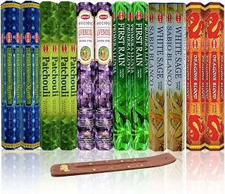 Six Most Popular HEM Incense Scents With Free Burner - 40 Sticks Each of Dragon's Blood, Frankincense & Myrrh, Patchouli, Precious Lavender, First Rain, and White Sage 240 TOTAL STICKS