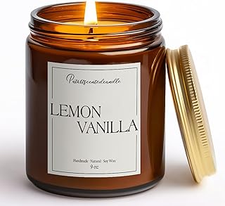 Lemon Vanilla Scented Candle for Home, Natural Soy Wax Aromatherapy Non Toxic Candle Gifts for Women & Men, Handmade Highly Scented & Long Lasting Jar Candle for Stress Relief (9oz)
