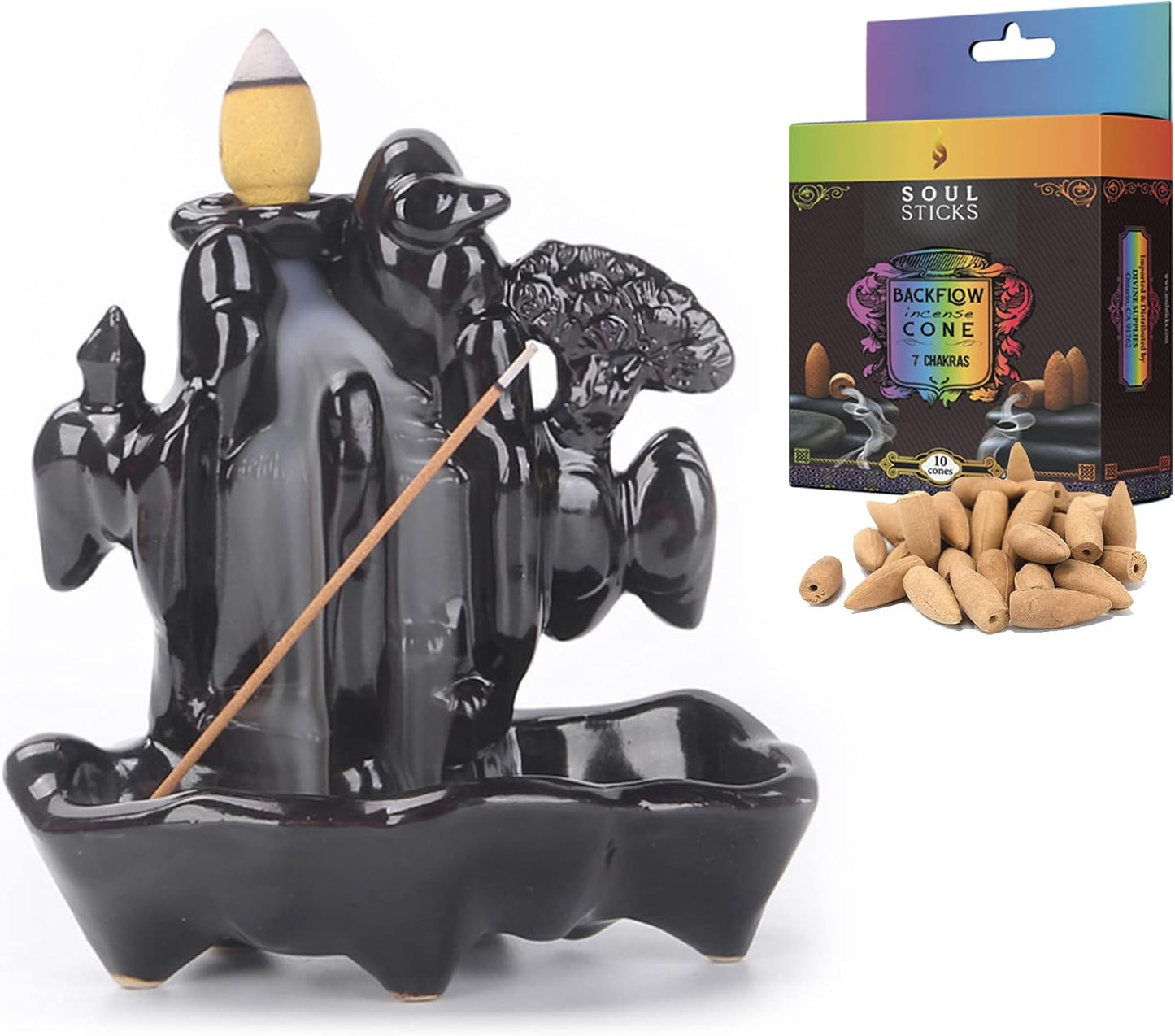 SOUL STICKS Backflow Incense Holder Burner Waterfall Fountain for Home, Office, Yoga, Room Decor & Aromatherapy with 1 Pack of 10 Backflow Fragrance Cones Included (Zen Forest)