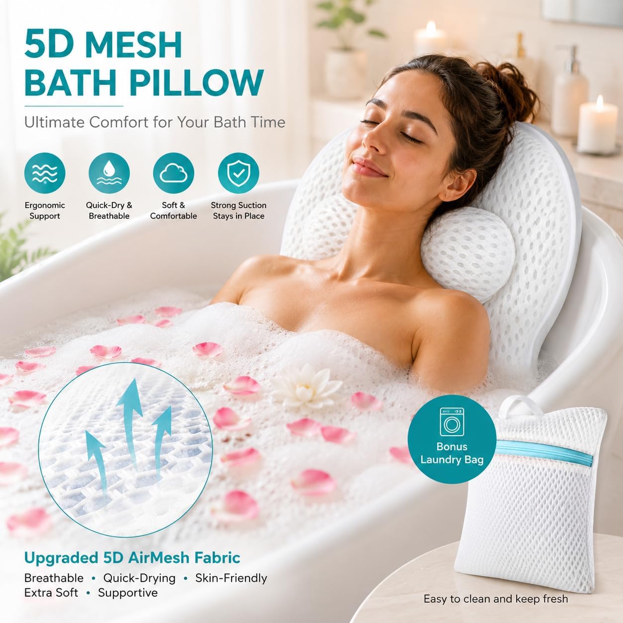 Bath Pillow for Tub,Luxury Bath Pillow for Back,Bathtub Pillow | Bathtub Pillow is Made of Soft 5D Mesh Fabric, Anti Slip Suction Cups, Spa Gifts, Neck And Back Support (Regular Version)