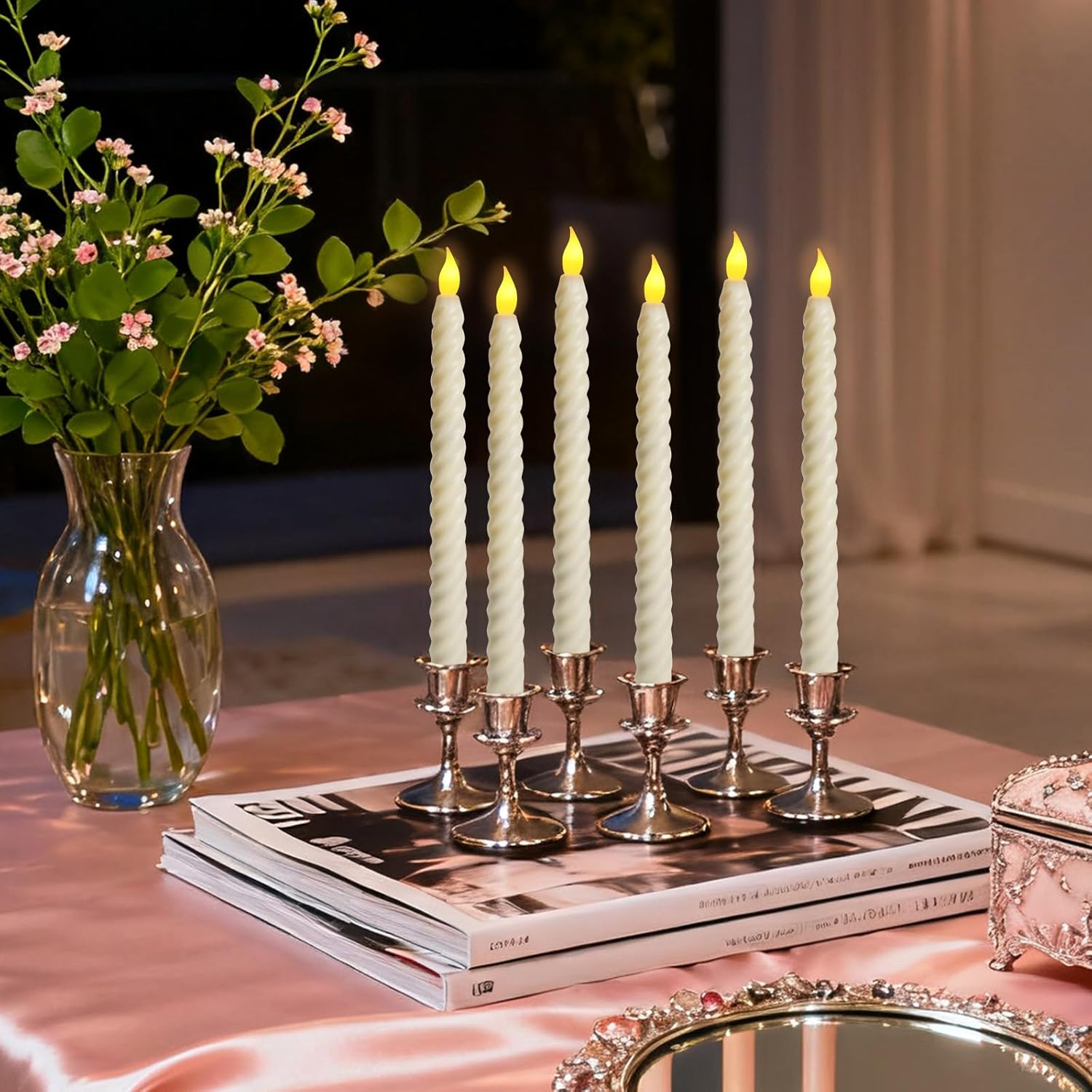 6 Pack Flameless Taper Candles, 10 Inch LED Window Candles | Flickering spiral twisted tapers, remote and timer functionality, ivory faux wax realistic look