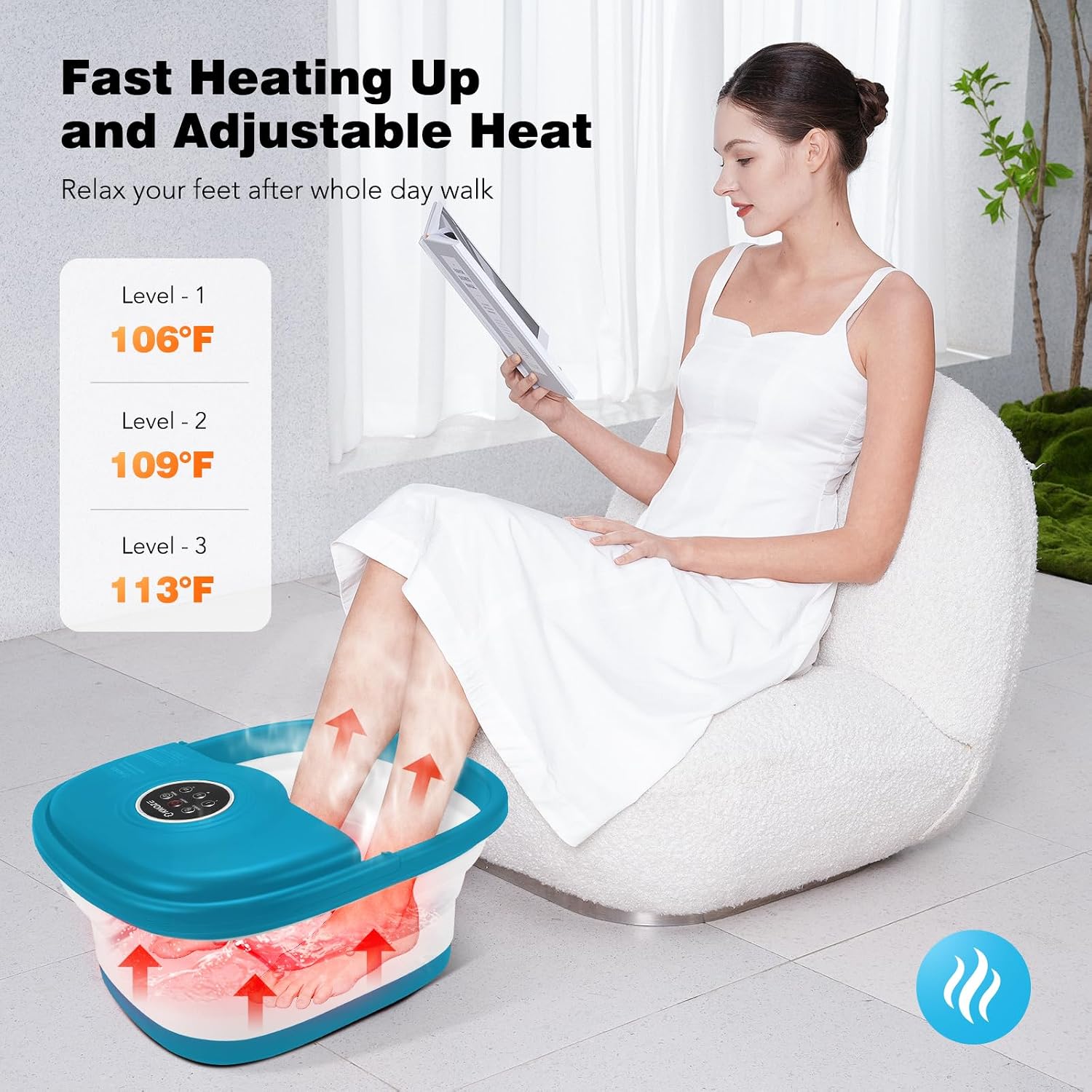 Foot Bath Massager with Bubbles, Heat, and 16 Massage Rollers - Collapsible Foot Spa Tub with Remote Control, Temperature Control, Red Light, Pumice Stone