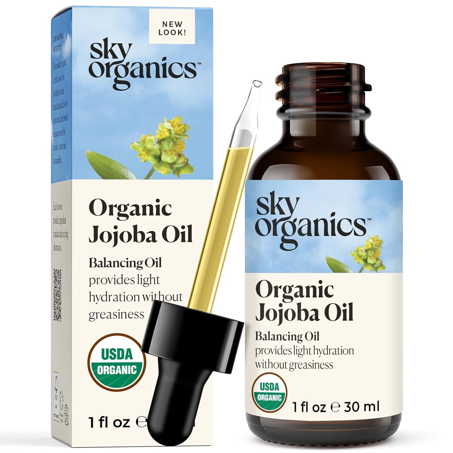 Sky Organics Organic Jojoba Oil for Face, Balancing Oil for Light Hydration & Helps Reduce Excess Oiliness, Suitable For Oily, Combination and Blemish-Prone Skin, 100% Pure & Cold-Pressed, 1 fl oz