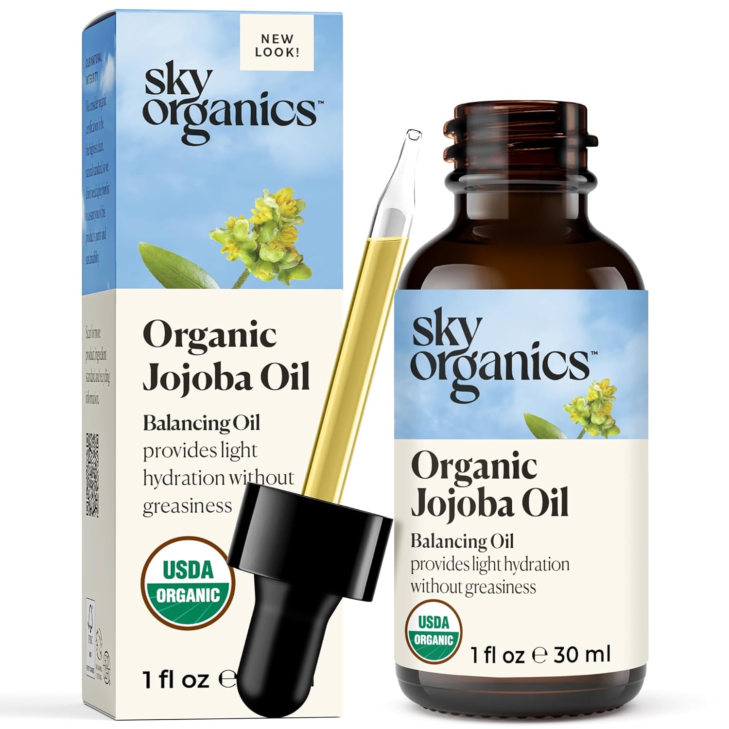 Sky Organics Organic Jojoba Oil for Face, Balancing Oil for Light Hydration & Helps Reduce Excess Oiliness, Suitable For Oily, Combination and Blemish-Prone Skin, 100% Pure & Cold-Pressed, 1 fl oz
