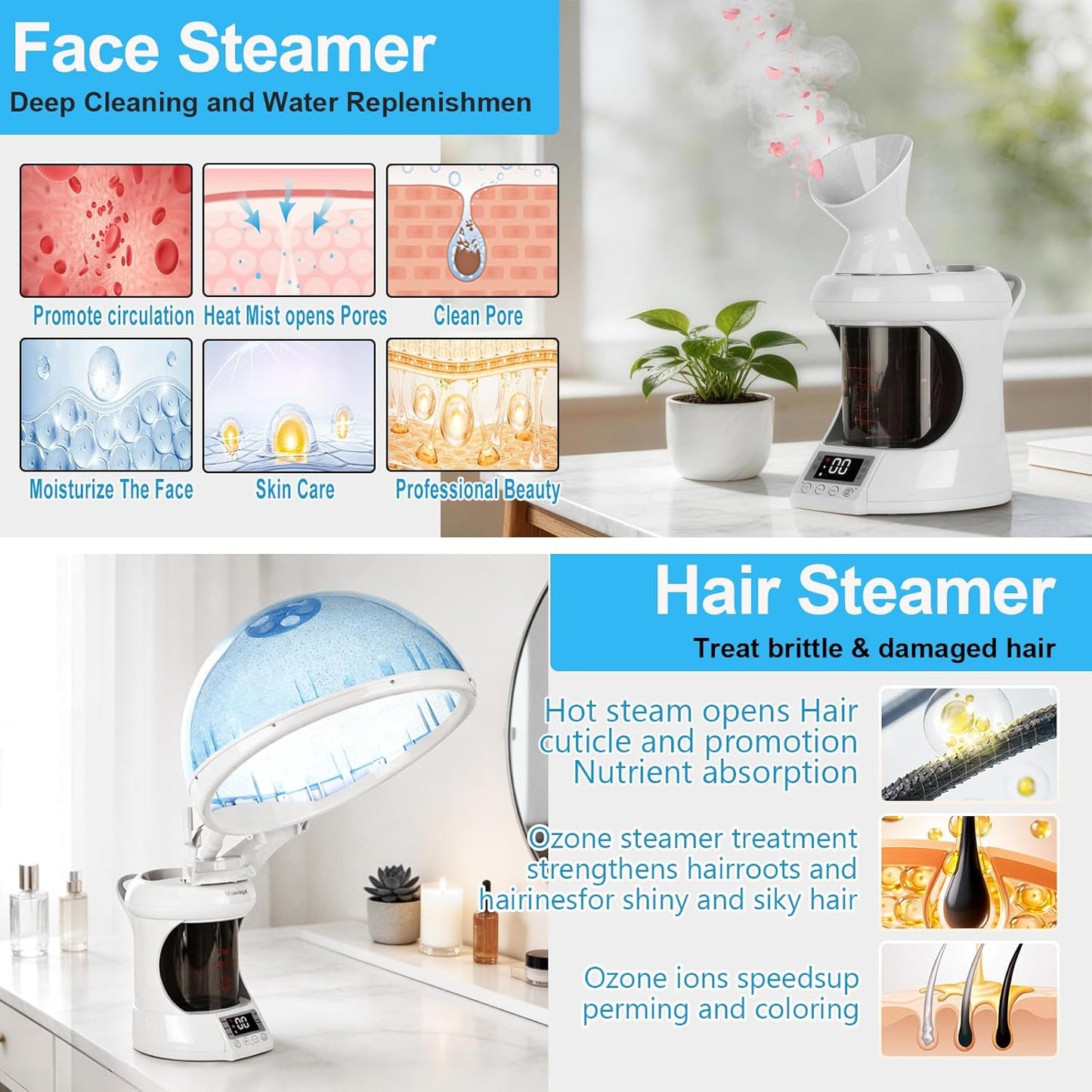 2 in 1 Hair and Face Steamer,Nano Ionic Steam for Deep Hydration & Pore Cleansing,Professional Facial Steamer with Timer for Home and Salon Personal Care