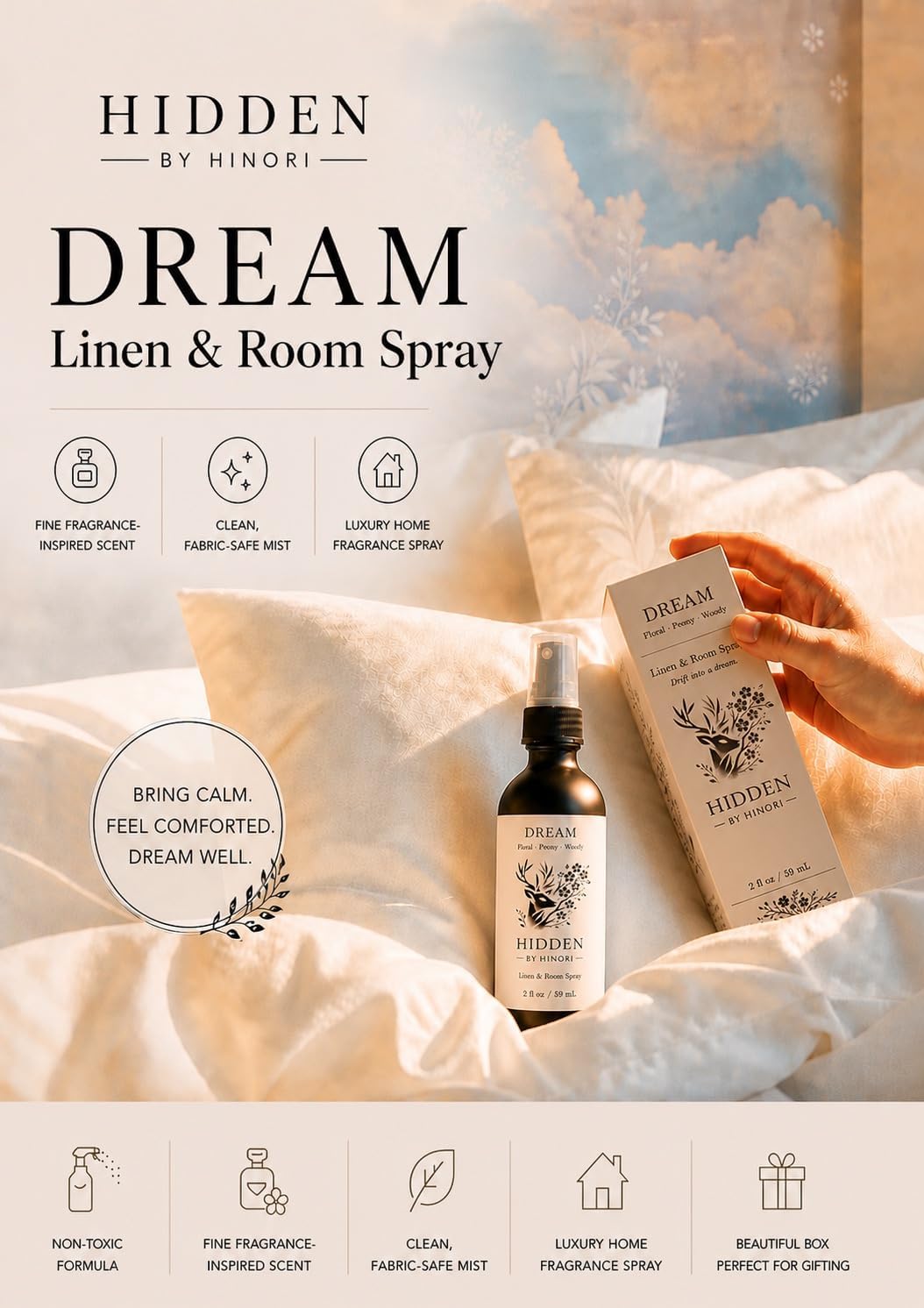 Dream Linen & Room Spray – Floral Peony Woody Fragrance – Fabric, Bedding & Air Freshener Mist – 2 oz