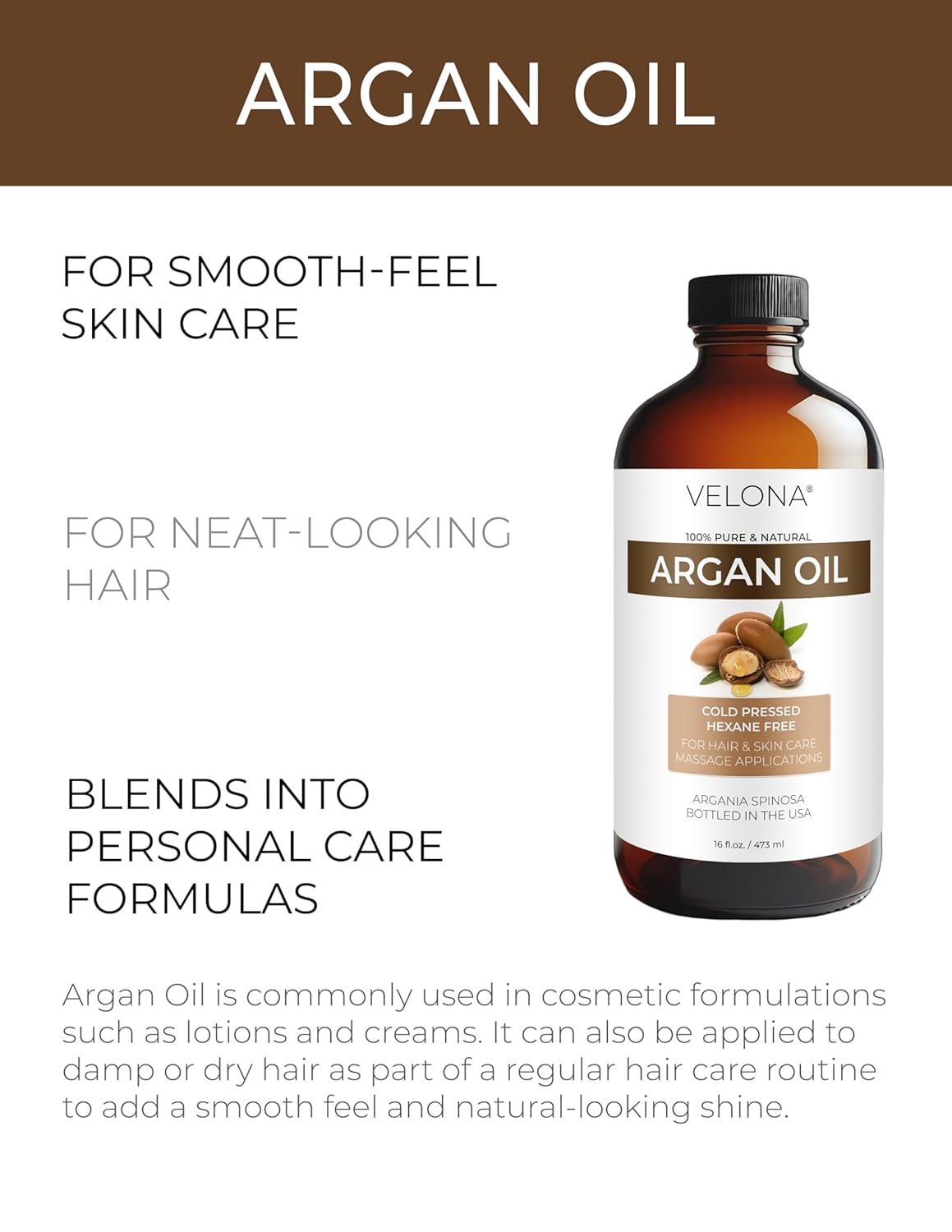 velona Argan Oil - 16 Fl Oz in Glass Bottle | 100% Pure and Natural | Morocco Oil | Skin, Body and Face Care | Nails Protector | Unrefined, Cold Pressed | Cap Kit