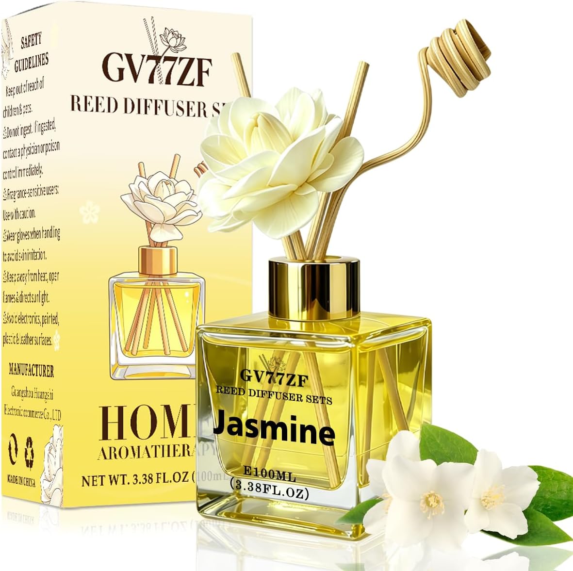 Jasmine Reed Diffuser – 3.38 oz Glass Bottle with Rattan Sticks & Dried Flowers, Fresh White Floral Scent for Home, Adjustable Intensity Aroma Gift for Women, Housewarming, Mom