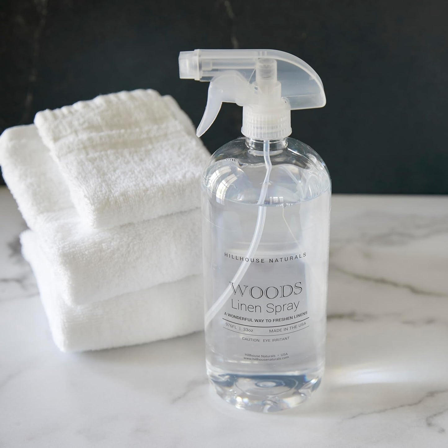 Hillhouse Naturals - Linen Spray - Aromatherapy Spray for Relaxation & Sleep - Refresh Bedding, Curtains & More - With Lemon, Bergamot, Amber & Musk - Made in the USA - Woods Scent - 1 L