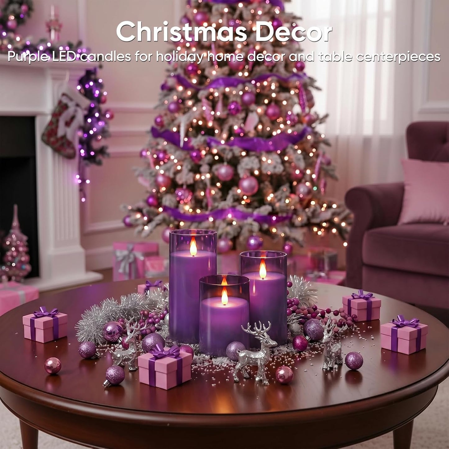 Homemory Purple Flameless Candles, Flickering Battery Operated LED Pillar Candles with Remote Timer, Acrylic Violet Fake Candles, Decorative Candles for Home Wedding Party Halloween Decor, Set of 3