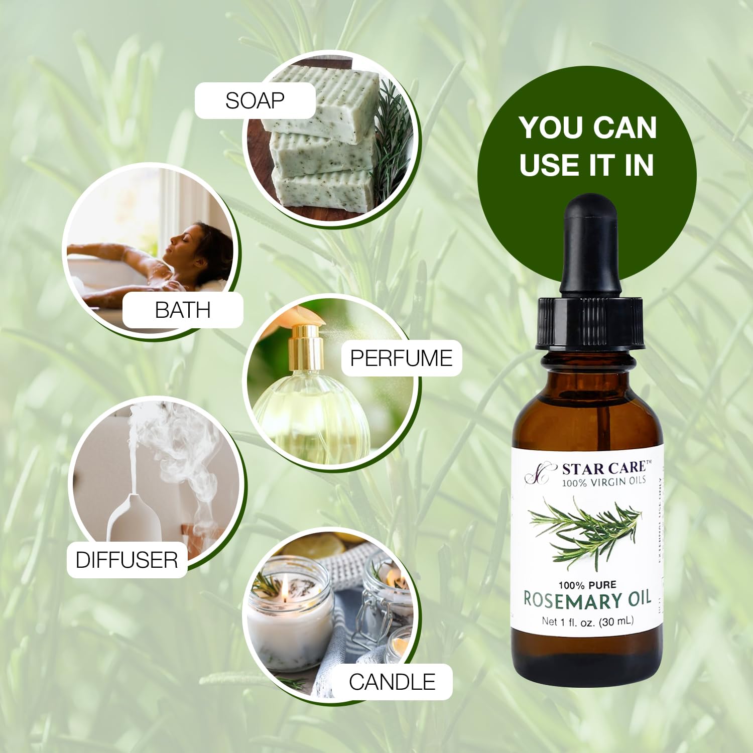 100% Pure Rosemary Essential Oil for Hair Growth & Skin Care Steam Distilled Rosemary Oil for Scalp Massage Aromatherapy DIY, Natural Hair Treatment in UV Protected Glass Bottle - 1oz (30ml)