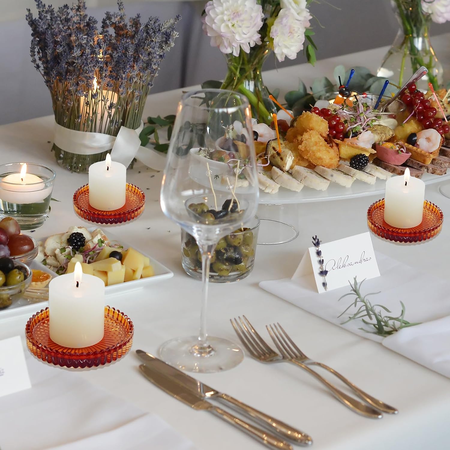 Candlestick Glass Candle Holder Plates Set of 6, Round Glass Candle Tray Plates for Dining Wedding Lantern Festival Party Evening Light, Amber