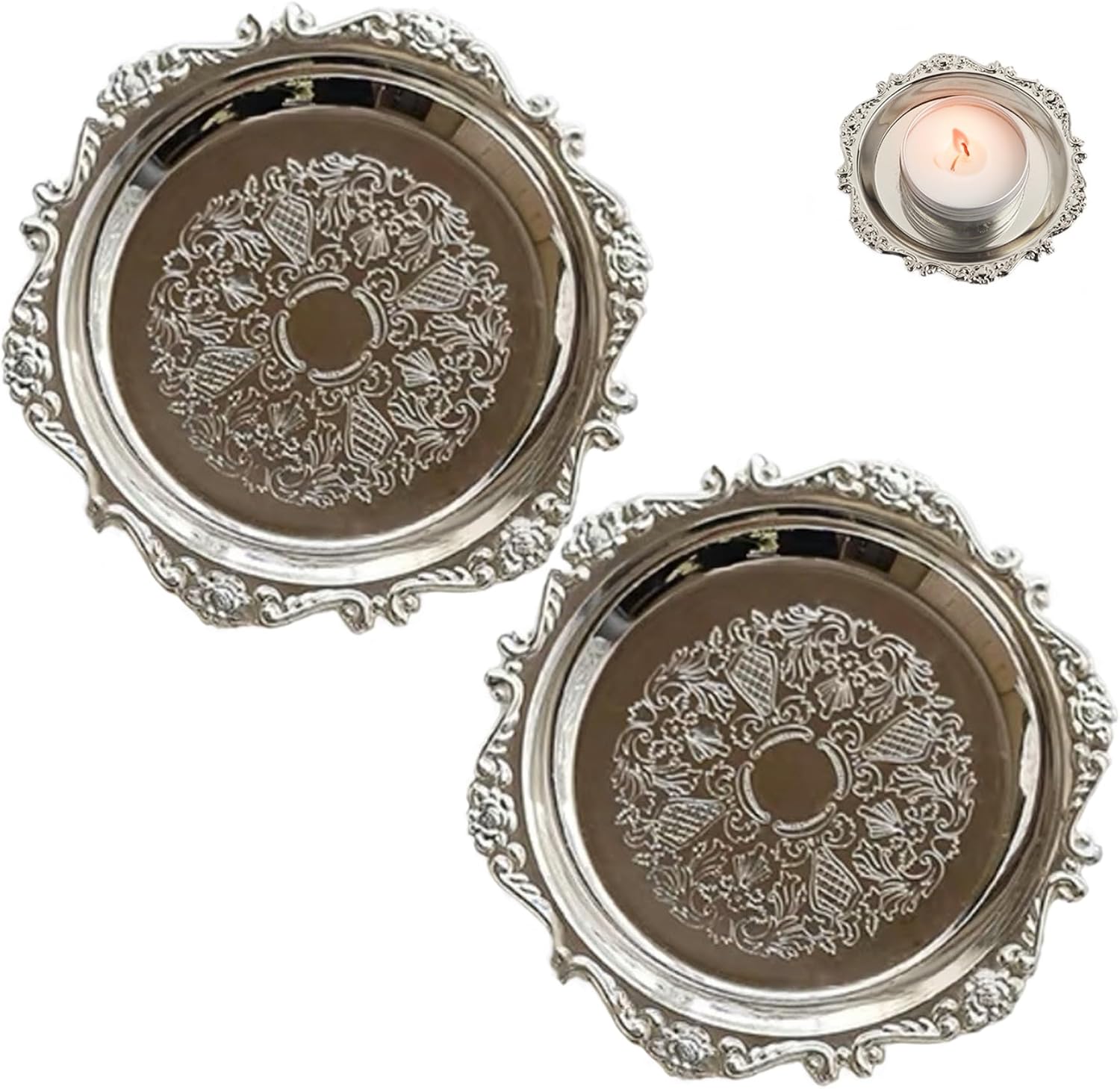 Candle Plate Candle Tray 2PCS 3.9 Inch in Dia Metal Candle Plate with Engraving Decorative Border Round Coffee Table Tray Silver Candle Holder for Christmas Wedding Party Table Decor