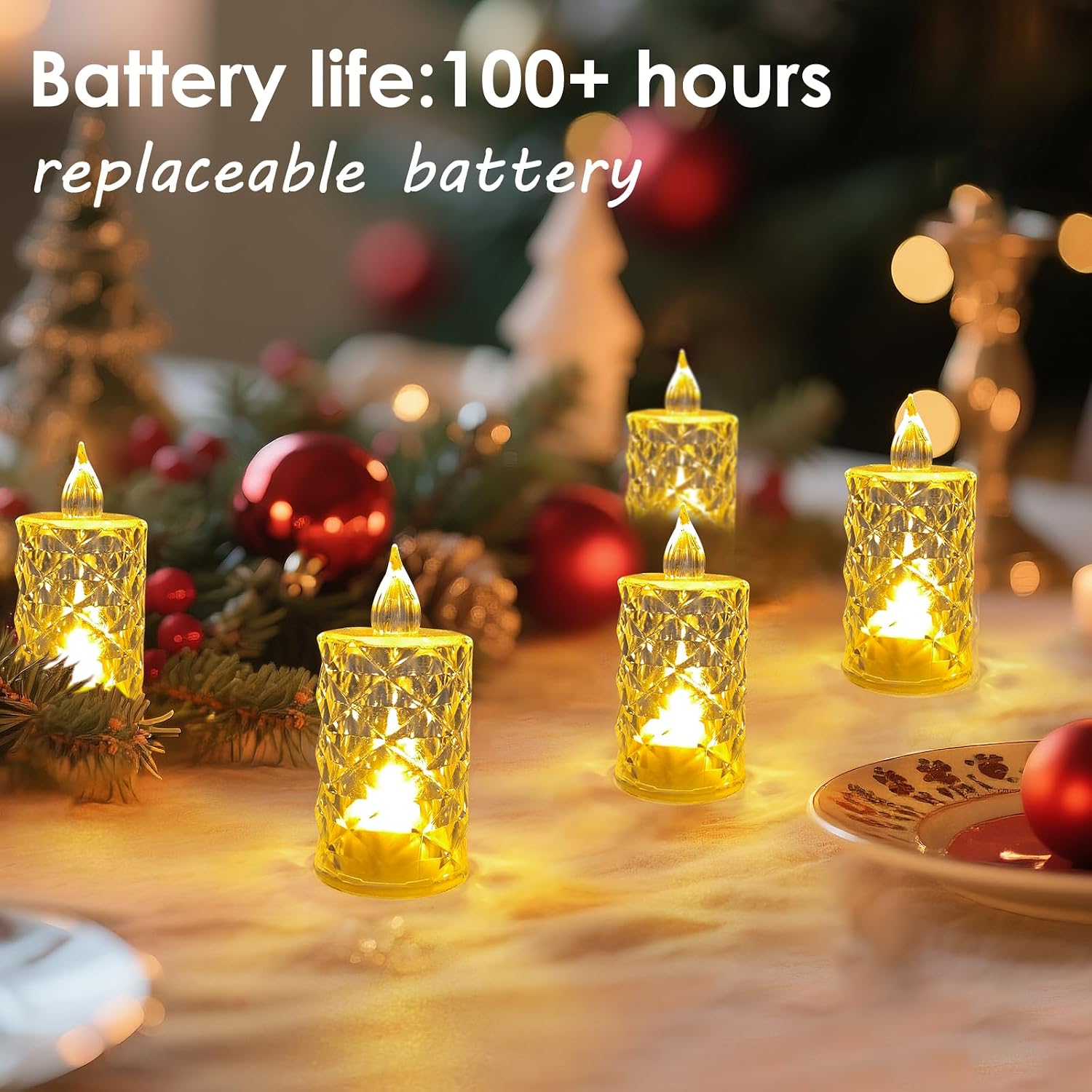 24pcs Flameless Candle Battery Operatted, Led Crystal Candle Lights, 100+Hours Fake Electeic Tealight Candles for Votive Valentines Anniversary Wedding Christmas Table Decorations