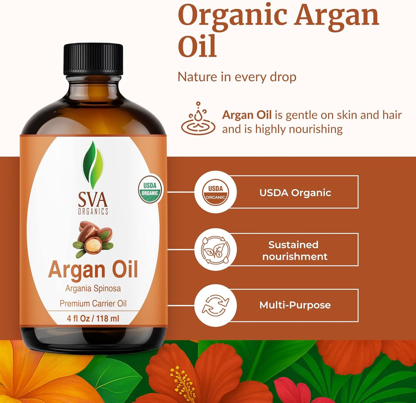 SVA Argan Oil Organic - 4 Fl Oz – 100% Natural Cold Pressed Organic Argan Oil - for Face, Skin Care, Hair Care, Scalp Massage & Body Massage – Carrier Oil with Dropper