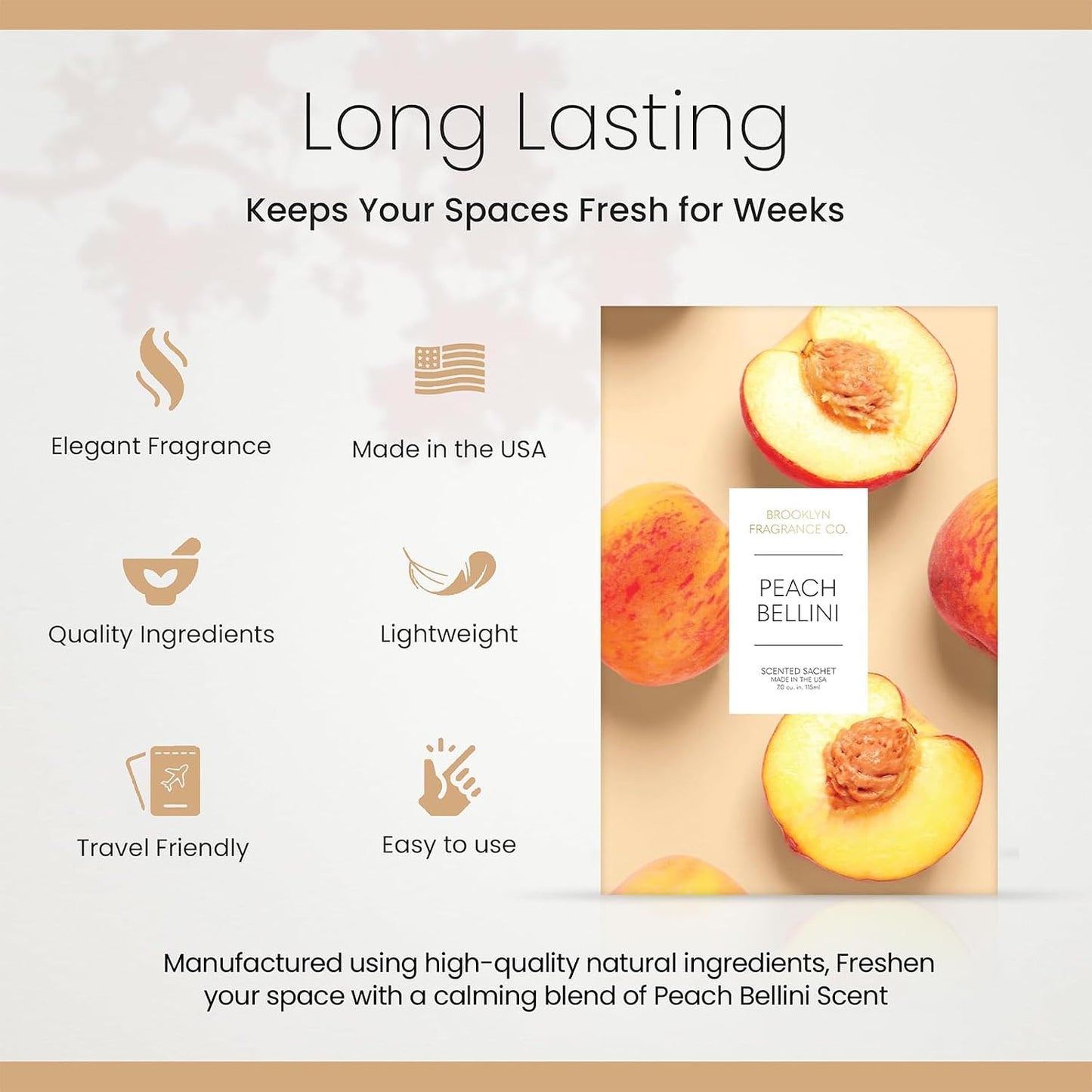 Brooklyn Fragrance Co. Fruits Sachet Bags – Peach Bellini Scented Pouches – Perfect Aroma for Drawers, Closets, Cars and Bathrooms – Long-Lasting Fresh Scent Sachets (6- Pack)