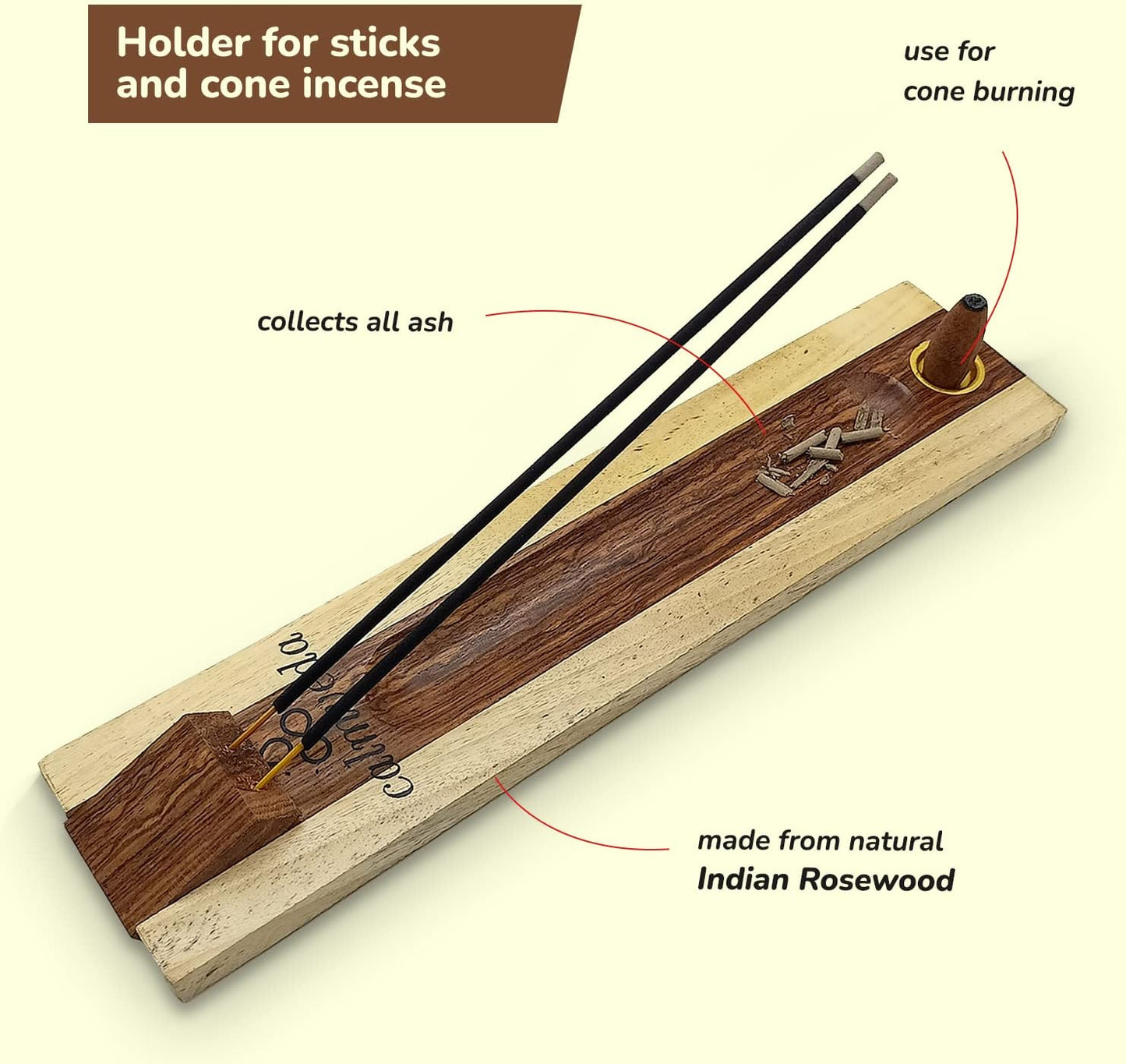 Rosewood Incense Holder for Sticks - 11 Inch Handmade Dual Incense Burners with Cone Holder | Beautiful Natural Wood Incense Stick Holder, for Meditation or Yoga Lovers