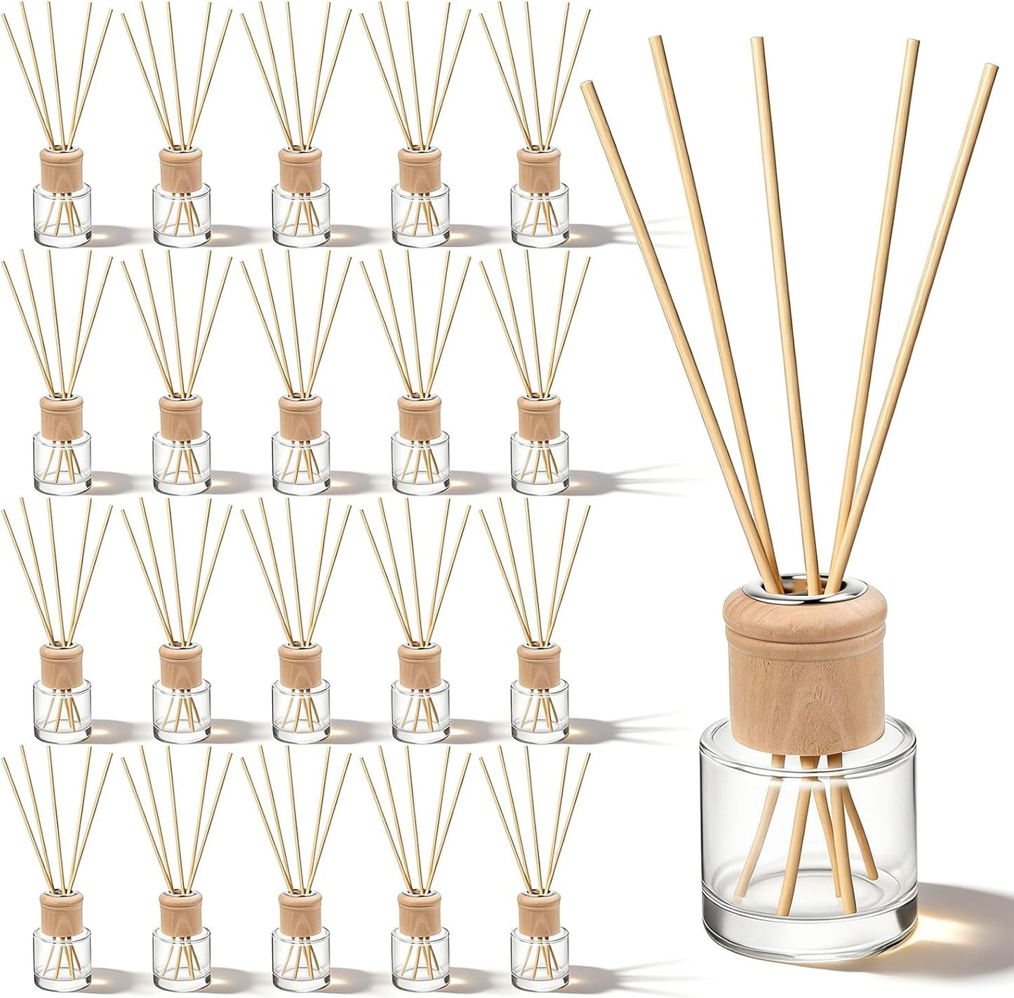 20 Set Reed Diffuser Bottle Refillable Empty Glass Jars with Wooden Caps & Sticks, 50ml (1.7 oz) Round Wide Mouth Bottles for DIY Fragrance, Home Decor, Gifts