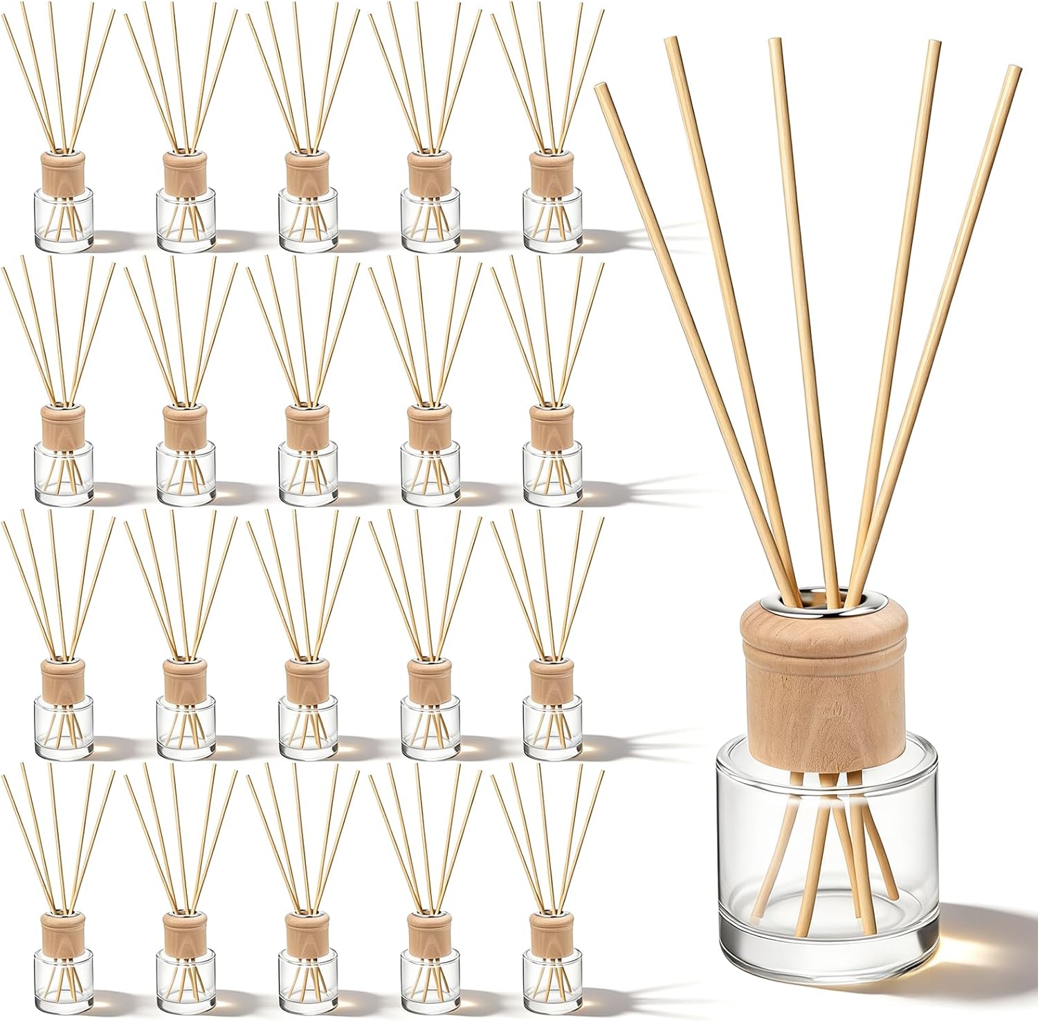 20 Set Reed Diffuser Bottle Refillable Empty Glass Jars with Wooden Caps & Sticks, 50ml (1.7 oz) Round Wide Mouth Bottles for DIY Fragrance, Home Decor, Gifts