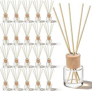 20 Set Reed Diffuser Bottle Refillable Empty Glass Jars with Wooden Caps & Sticks, 50ml (1.7 oz) Round Wide Mouth Bottles for DIY Fragrance, Home Decor, Gifts