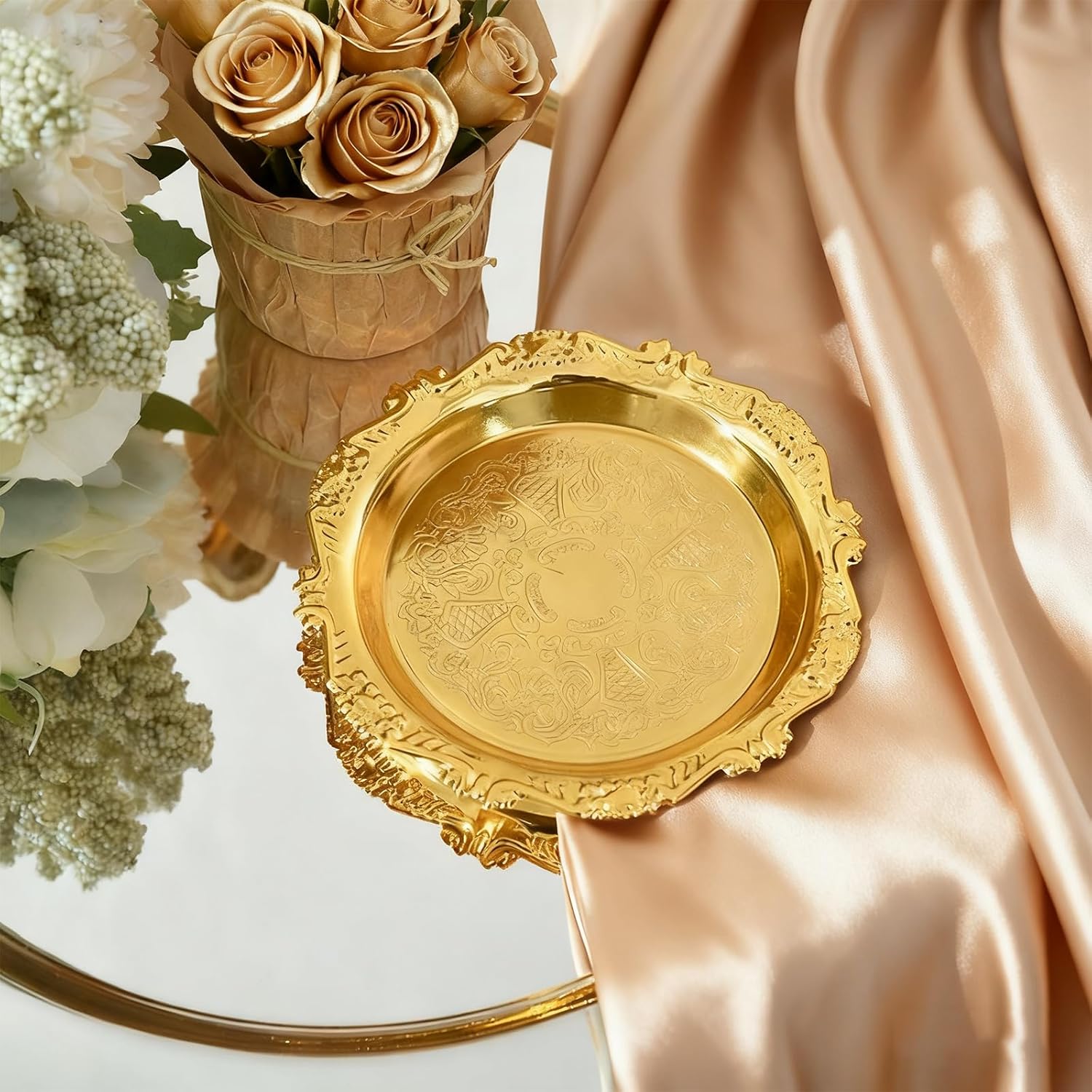 Pillar Candle Holder Set of 2 Jewelry Dish Ring Holder Candle Stand Decorative Metal Plate Vanity Tray for Weding Home Decor (Gold)