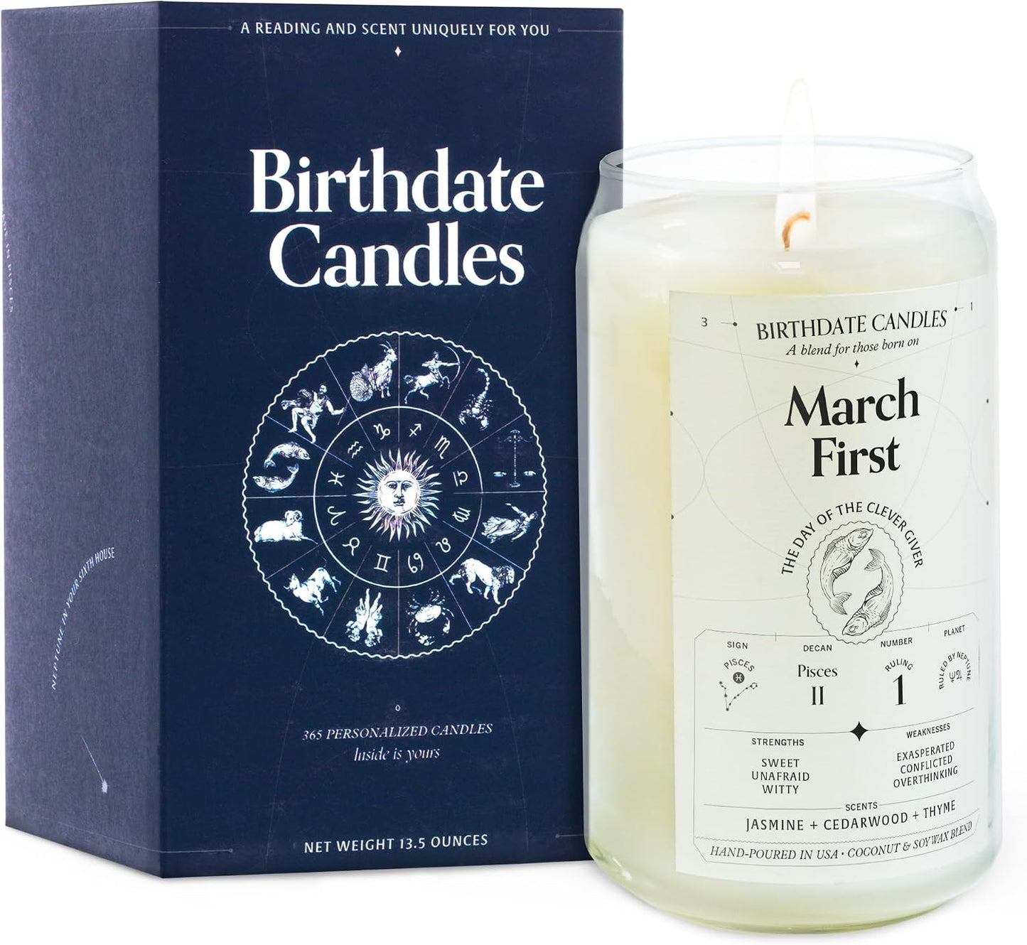 Birthdate Candles, March 1 - Pisces Zodiac Scented Candles Birthday Gift - Jasmine, Cedarwood & Thyme Scent - All-Natural Soy & Coconut Wax, 60-80 Hour Burn Time - Made in USA