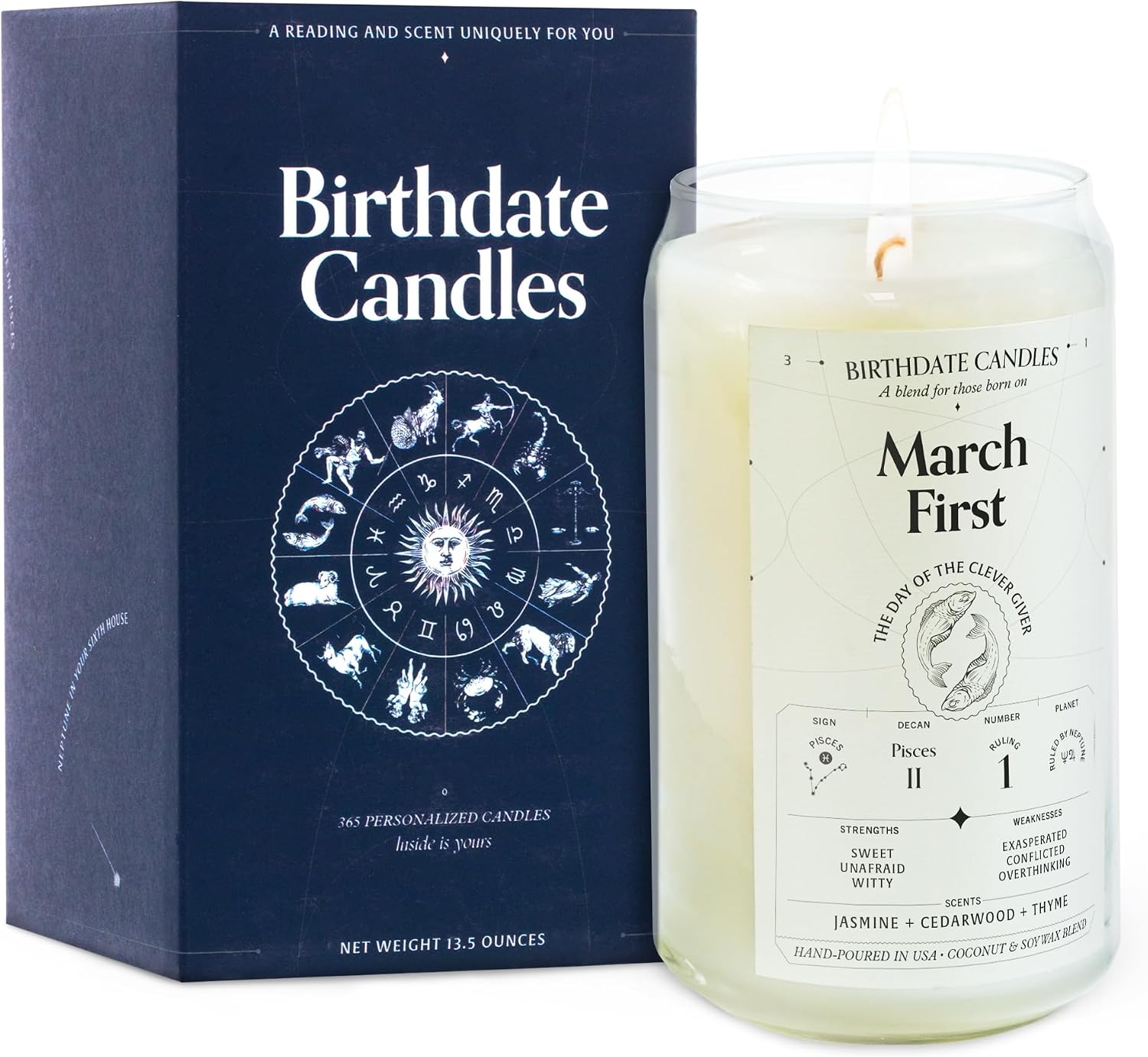 Birthdate Candles, March 1 - Pisces Zodiac Scented Candles Birthday Gift - Jasmine, Cedarwood & Thyme Scent - All-Natural Soy & Coconut Wax, 60-80 Hour Burn Time - Made in USA
