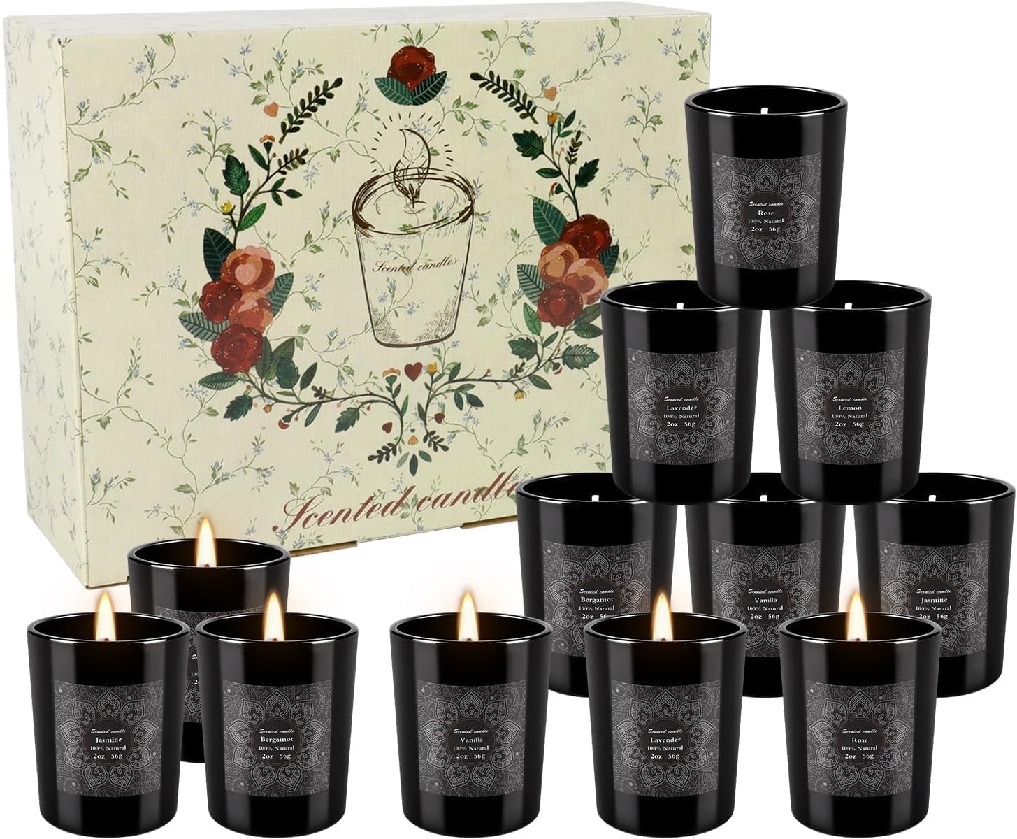12-Pack Scented Candles Gift Set, 2oz Soy Wax Aromatherapy Candles with 6 Assorted Fragrances, Hand Poured Natural Essential Oil Jar Candles for Home Office Yoga Decor, Birthday Christmas Mother's Day